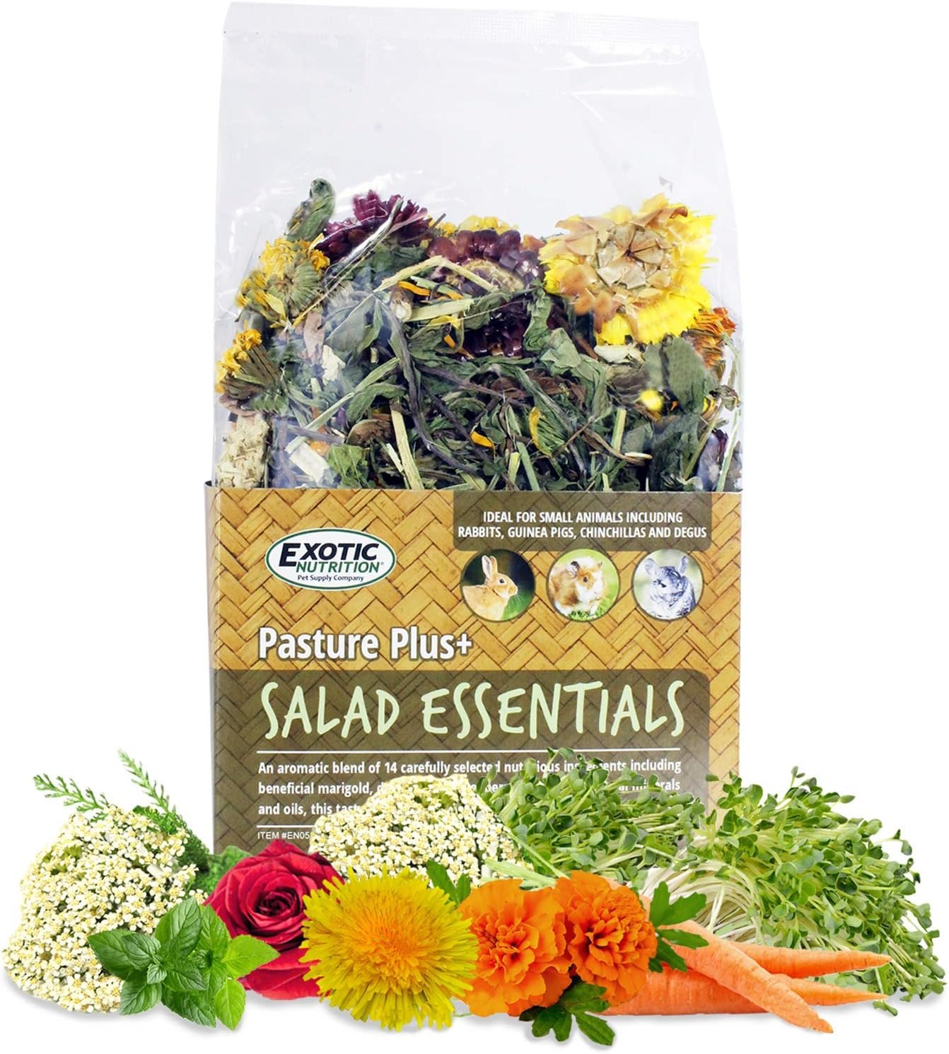 Exotic Nutrition Pasture Plus+ Salad Essentials – Healthy Natural High-Fiber Dried Flower & Herb Treat – Guinea Pigs, Rabbits, Chinchillas, Prairie Dogs, Degus, Hamsters, Gerbils & Other Small Pets