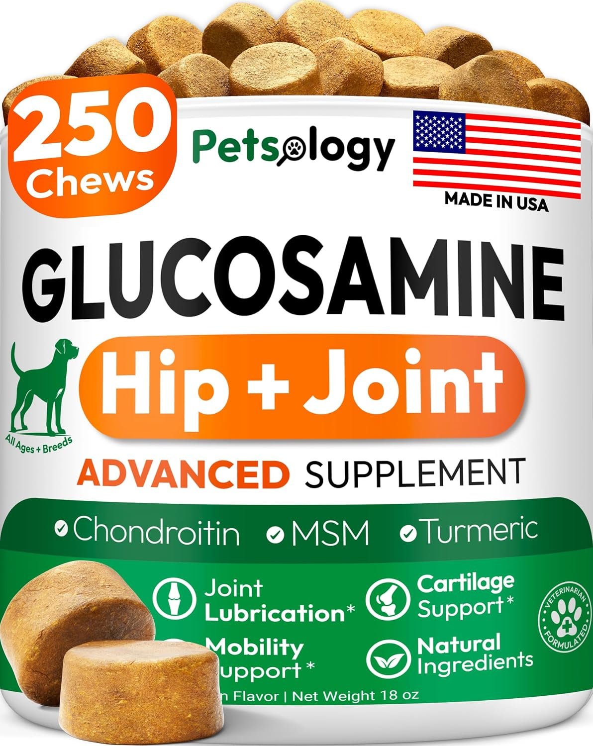 Glucosamine for Dogs – 250 Chews with Chondroitin, Hip and Joint Supplement | MSM – Turmeric – Omega 3 – Joint Pain Relief – Advanced Dog Health Support for Large, Medium & Small Breeds – Made in USA