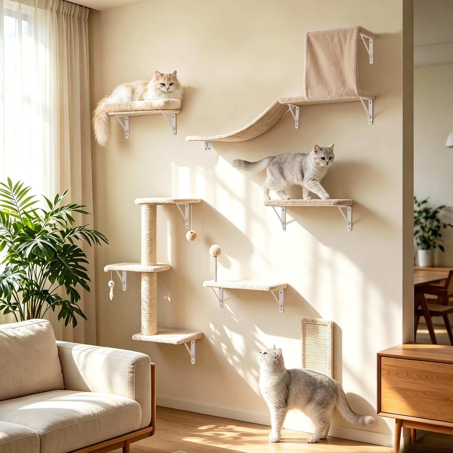 ANWA 6-in-1 Cat Wall Shelves Set, Wooden Cat Wall Climber Furniture, Beige | Wall Mounted Cat Climbing Shelves Systems, Fits 16″ Drywall, Coushion Perch, Natural Sisal Post Cat Shelf, Furry Fabic