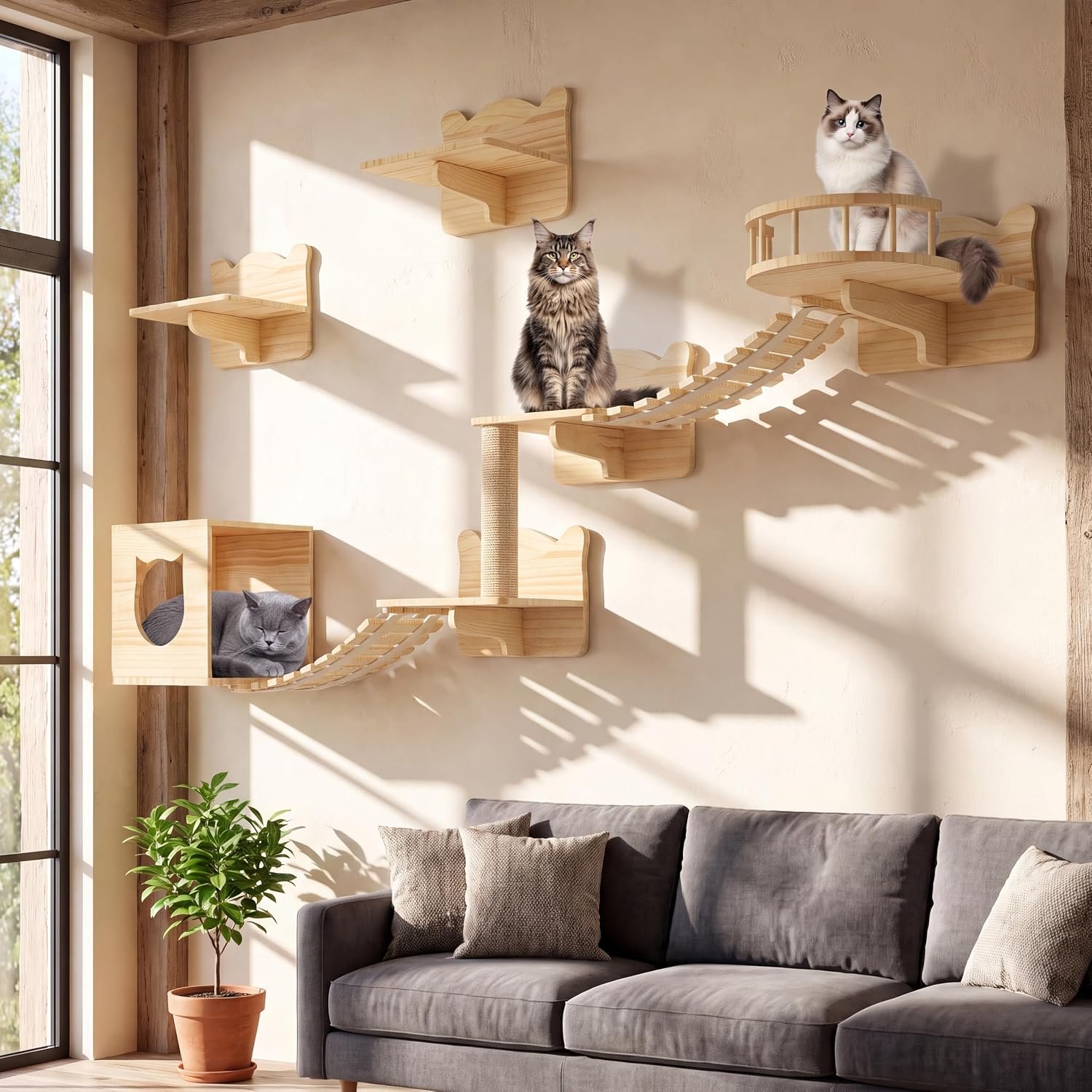 Cat Wall Shelves, 9-in-1 Wood Cat Wall Furniture Set, Burlywood | Cat Climbing Systems for Space-Saving, Wall Mounted Cats Shelves for Adult Cats, with Scratching Posts, Bridge, Condos
