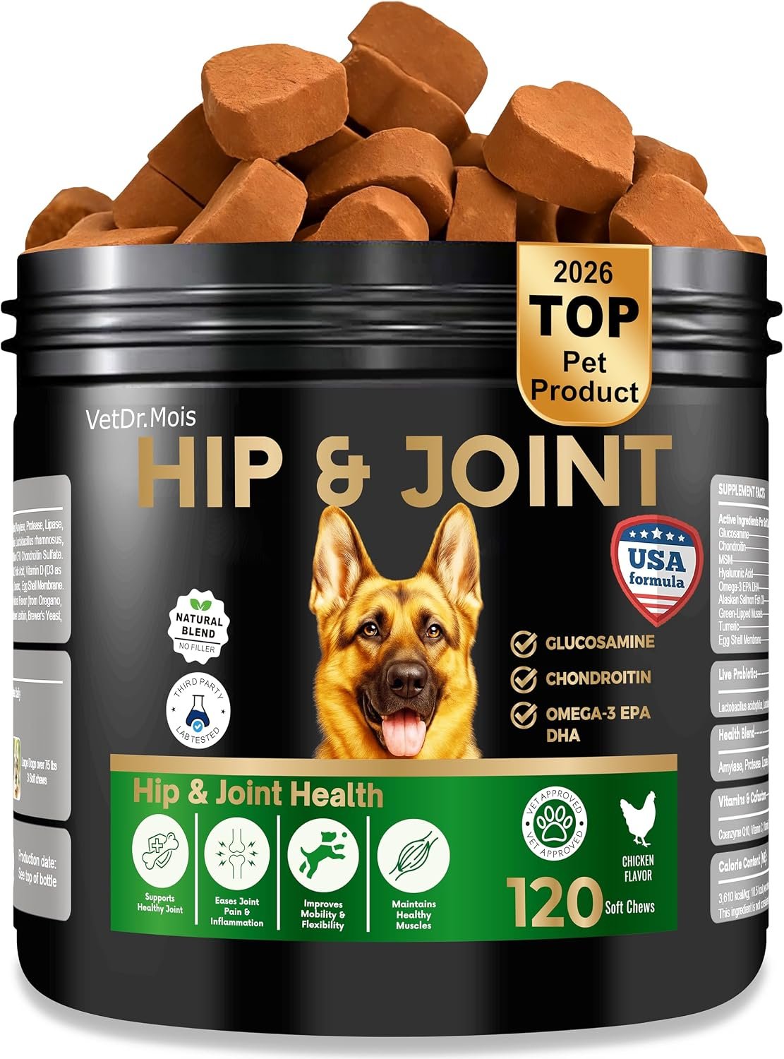 Dog Joint Supplement Chews with Glucosamine & MSM & Omega 3–Joint Support for Senior & Large Breed Dogs, Alternative for Longevity & Healthy Aging, Mobility Treatment & Flexibility with CoQ10-120 Ct