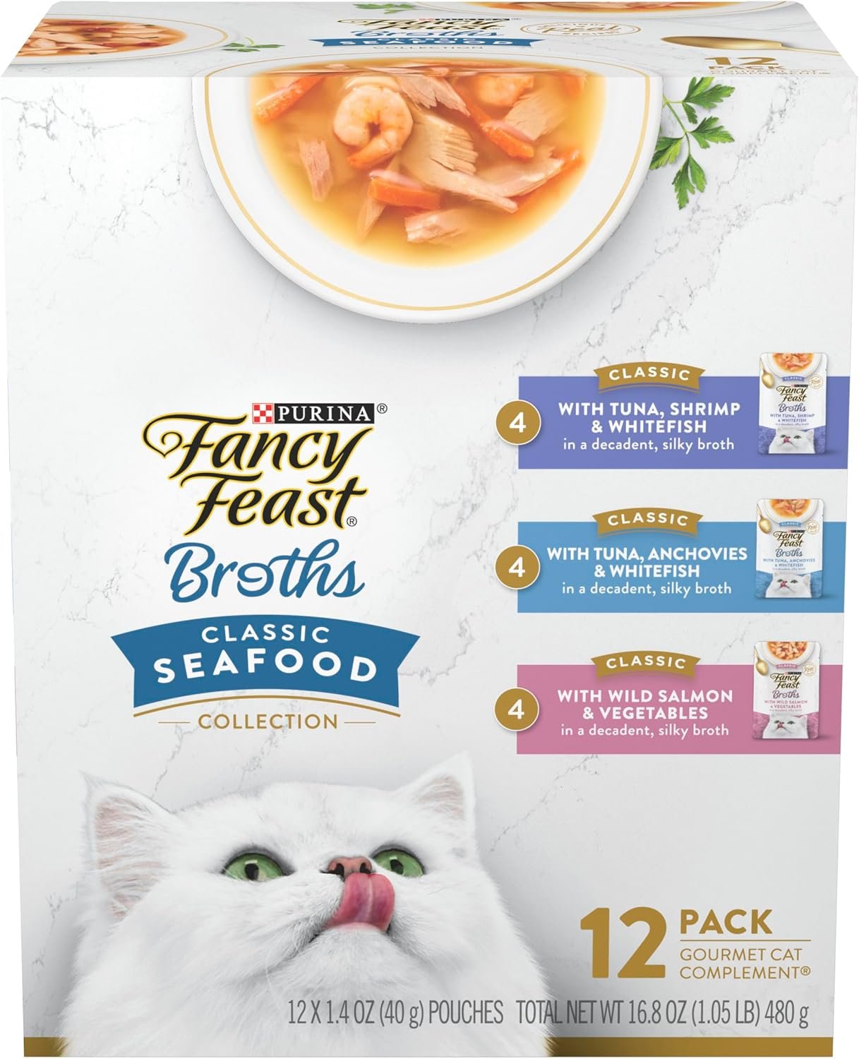 Purina Fancy Feast Broths, Classic Seafood Wet Cat Food, 1.4 oz, 12-Pack | Variety Pack with Lickable Grain-Free Wet Cat Food complements, made with no by-products, artificials flavors or colors