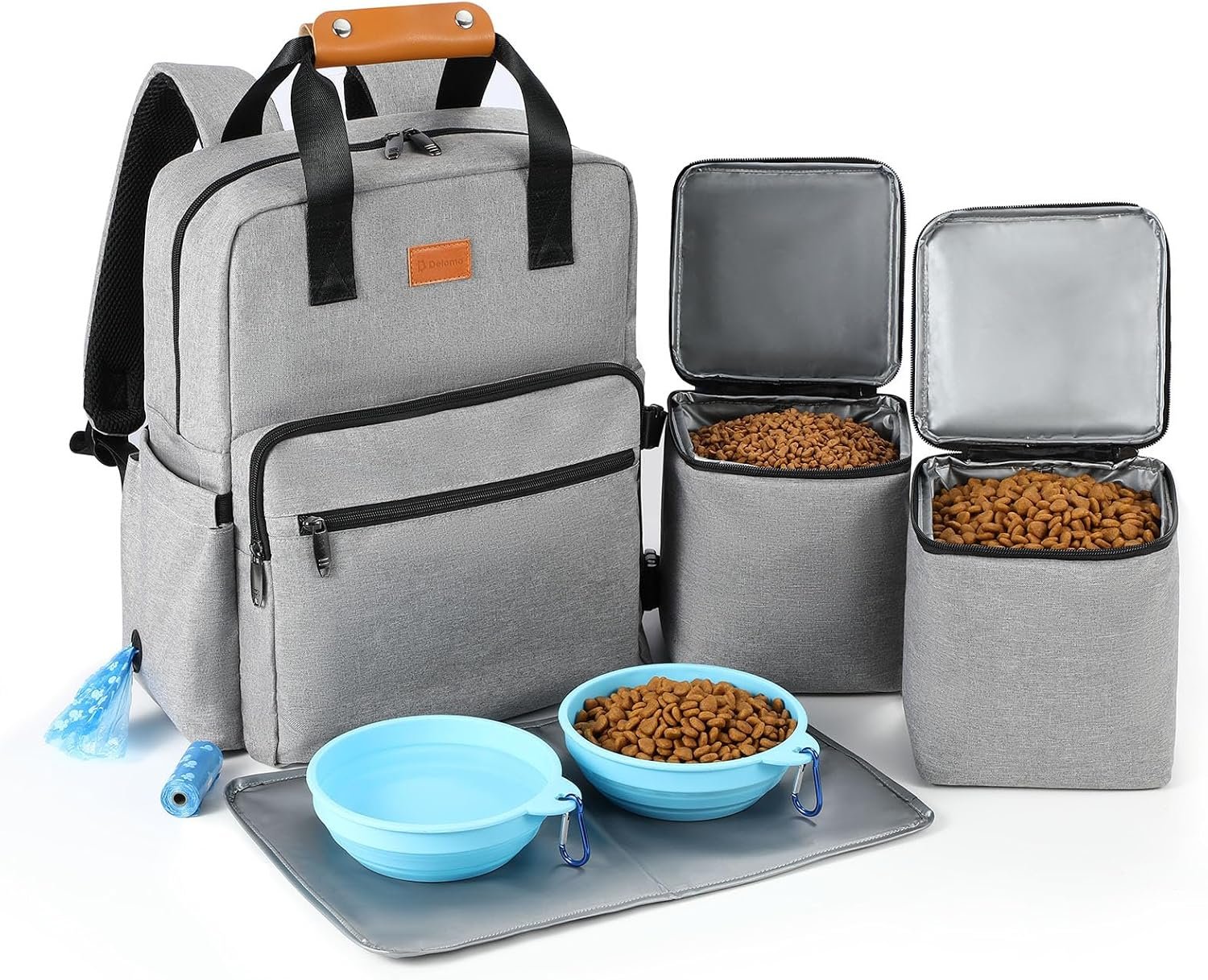 DELOMO Dog Travel Bag, 25L Airline Approved Dog Travel Backpack Set, Grey | 2 Food Containers + 2 Collapsible Bowls + 1 Waterproof Mat, for Weekend to Week-Long Pet Travel, Camping, Road Trips