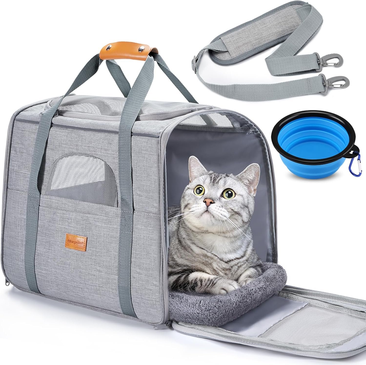 Morpilot Cat Carrier Soft for Large Medium Cats and Puppy up to 18lbs | with Dual-Sided Cushion, Secure Buckle and Foldable Bowl, Dog Carriers for Small Dogs – Pet Carrier (Light Gray)