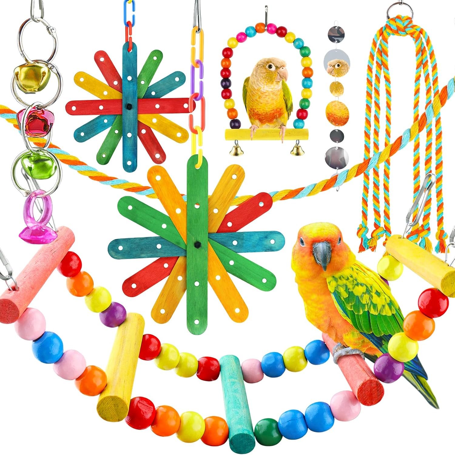 QUOZUO 8 pcs Bird Toys for Parakeets with Colorful Ladder Hammock Bird Cage Accessories Bird Perch Stand Chewing Toys Hanging Bell Parrot