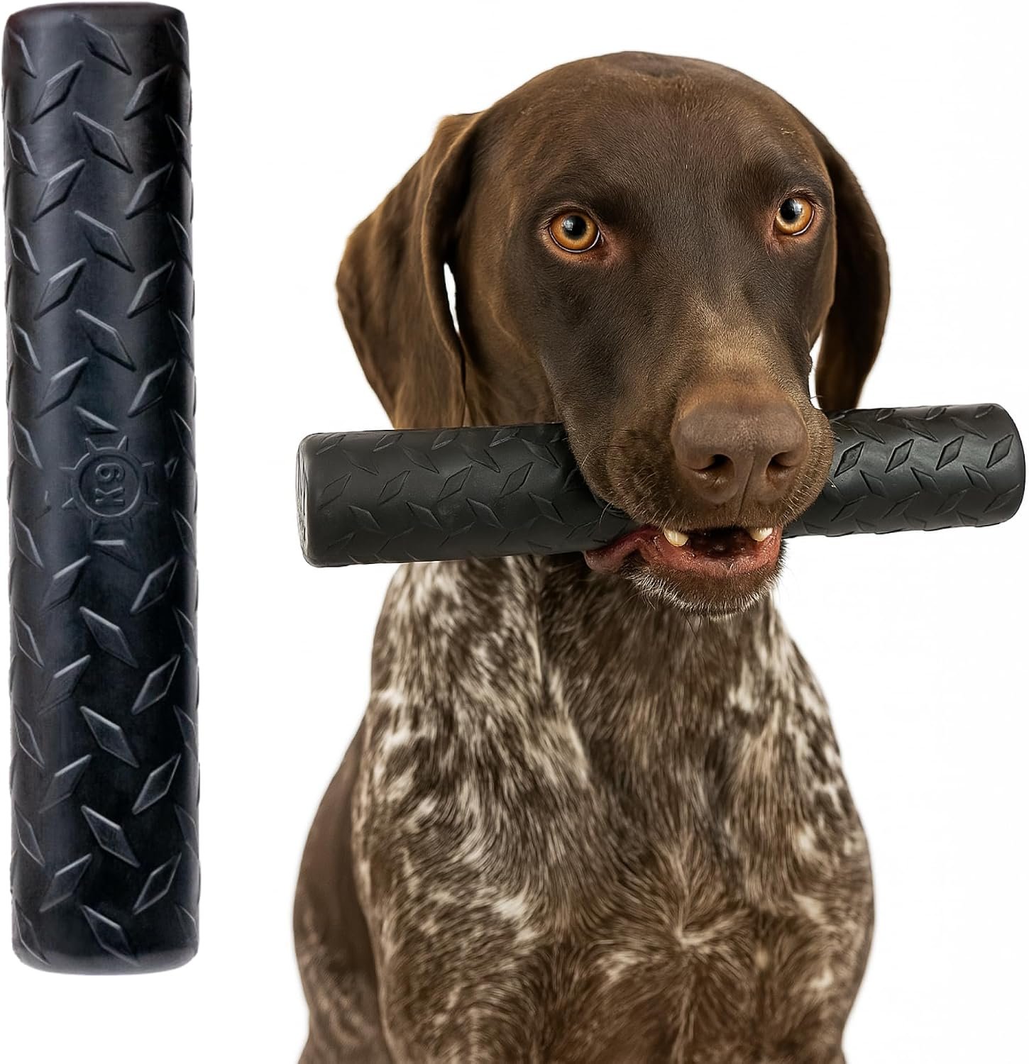 Monster K9 Chew Stick | Virtually Indestructible. Lifetime Guaranteed. | USA Made | VULCRON™ Natural Rubber | Durable, Heavy Duty Tug & Fetch Dog Toy for Aggressive Chewers | Med/Large Breeds, 9×1.75”