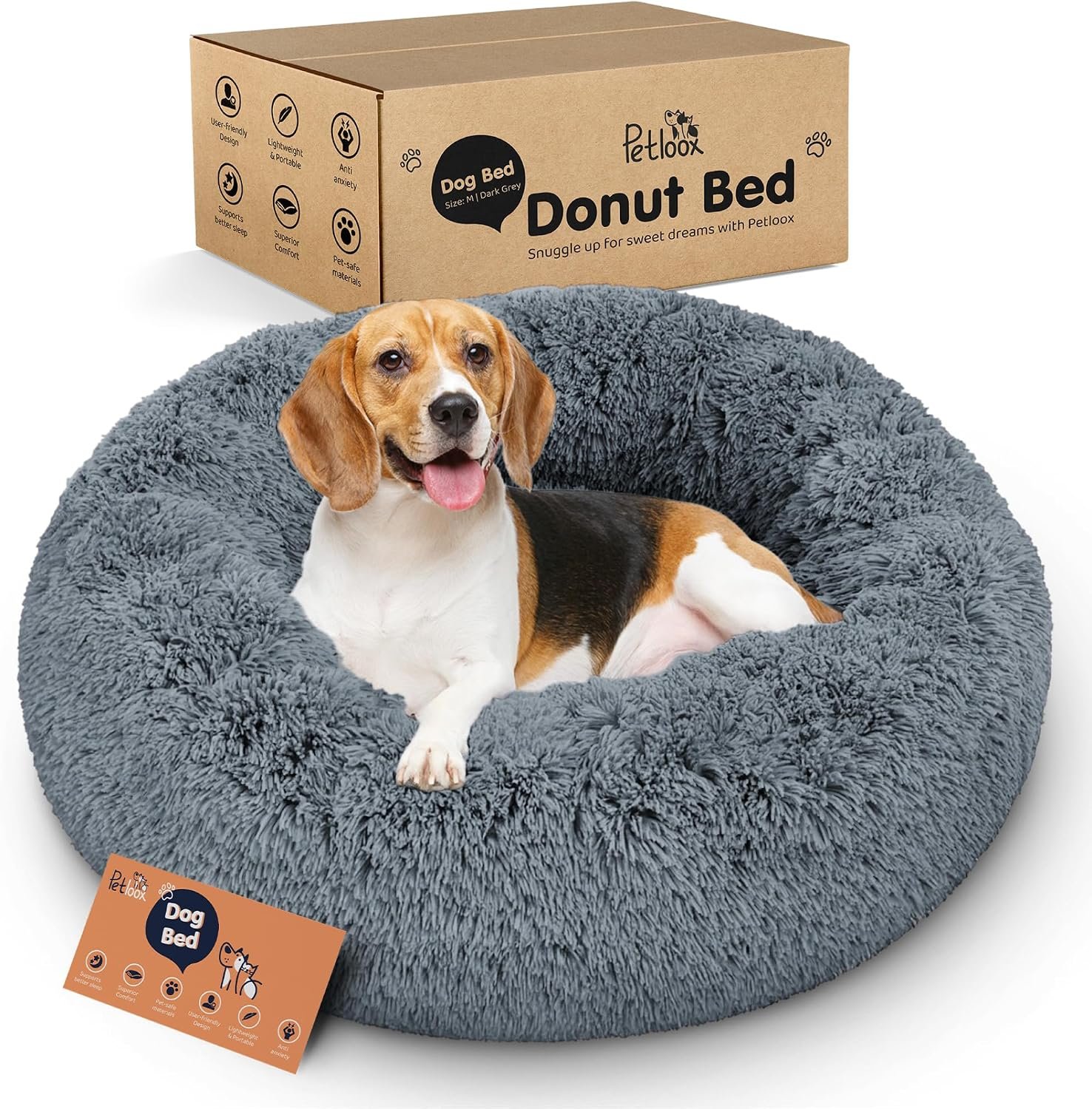 Calming Donut Dog Bed for Small Dogs, Round Dog Bed for Medium & Large Dogs | Soothing Raised Rim, Plush Faux Fur, Keeps Its Shape, Machine Washable, Non-Slip Waterproof Base, Dark Grey, Medium