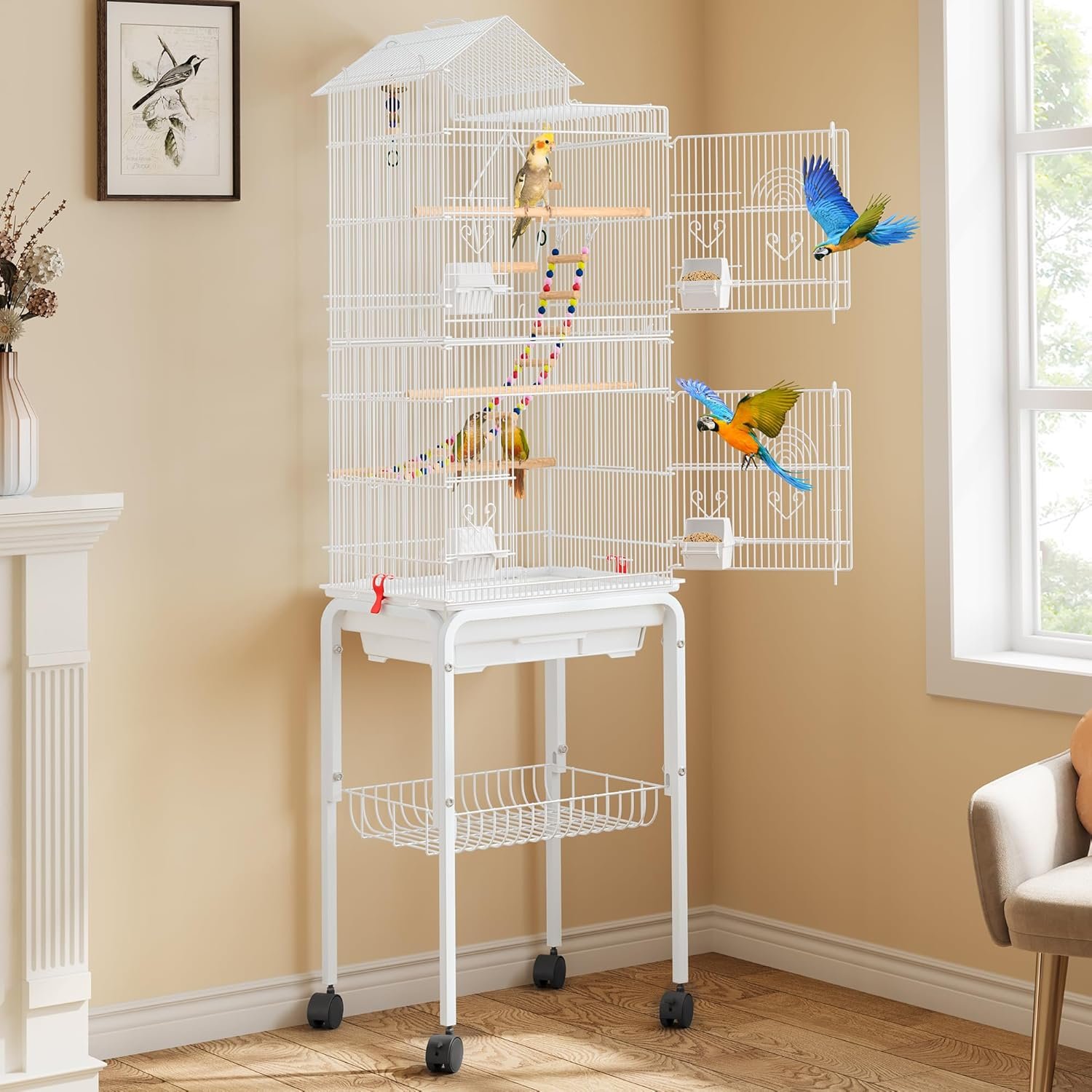 YITAHOME 62 inch Metal Bird Cage, Large Parakeet Cages | Bird Cage for Parrot, Cockatiel, Lovebird, Pigeon with Roof Top, Rolling Stand and Hanging Accessories, White