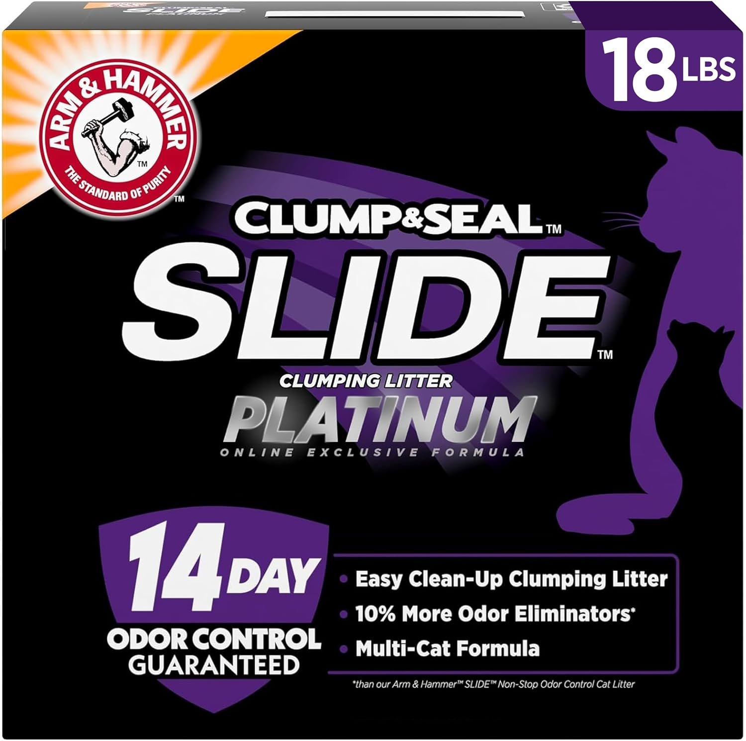 ARM & HAMMER Slide Platinum Easy Clean-Up Clumping Cat Litter, 18 lbs | 24/7 Odor Control, Triple-Action Freshness, Non-Stick, Low Tracking, 99.9% Dust Free, Multi-Cat Formula, Scented