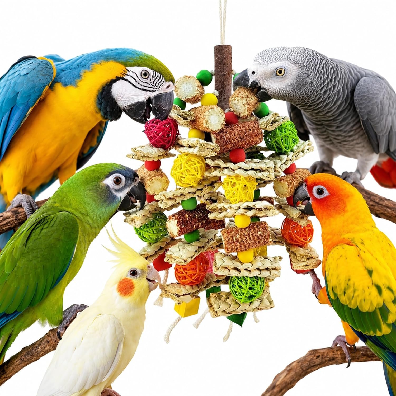 Parrot Chew Toy, Natural Material Bird Foraging Toy for Conures, Quaker Parrots, Medium-Sized Birds – Colorful Hanging Shredding Toy with Woven Ball, Corn Cob and Wooden Beads
