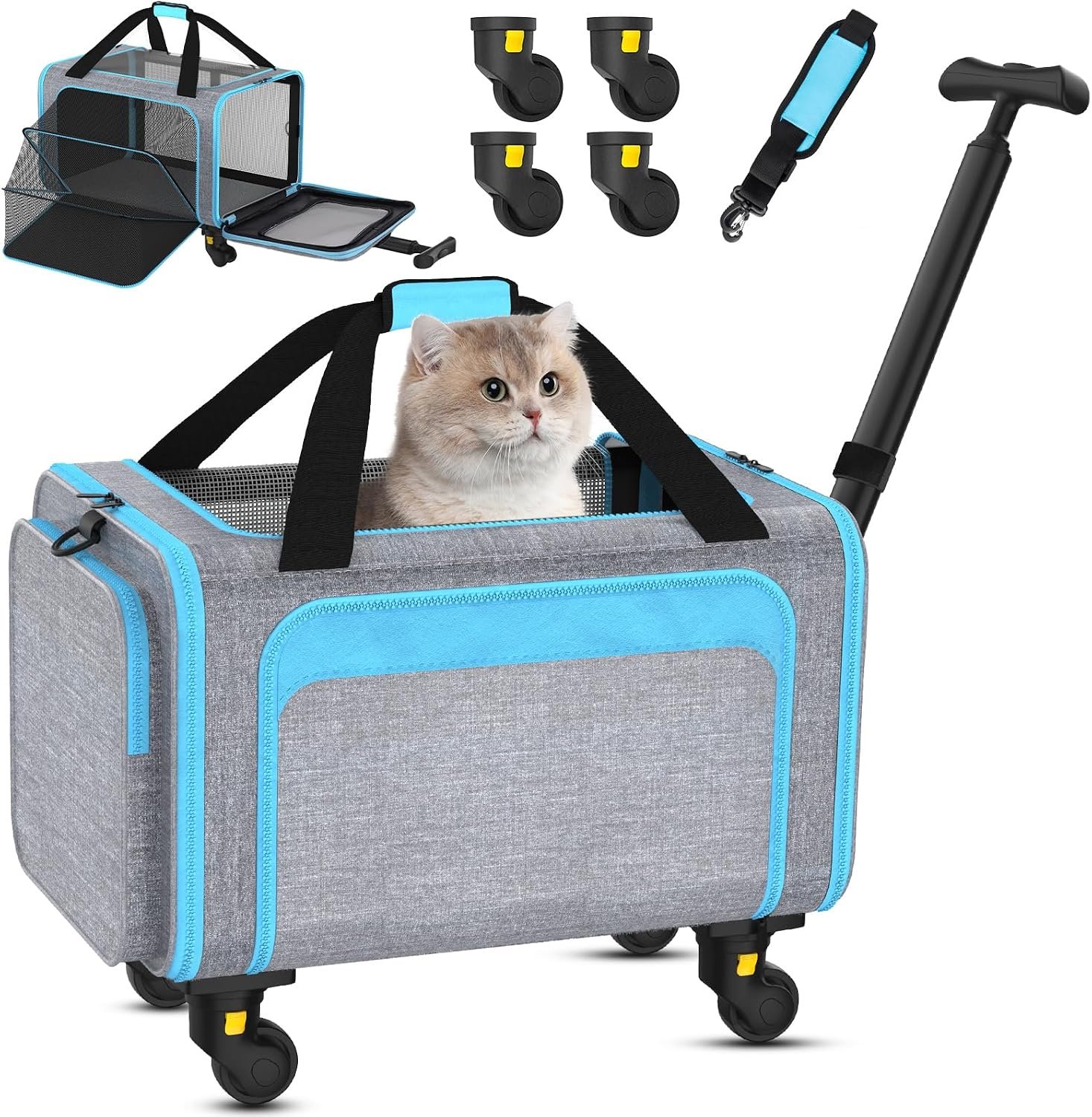Airline Pet Carrier with Wheels, 18x11x11 for Cats & Toy Dogs | Airline under-seat design, soft-sided nylon bag, removable wheels, expandable mesh, for cats & toy-breed dogs