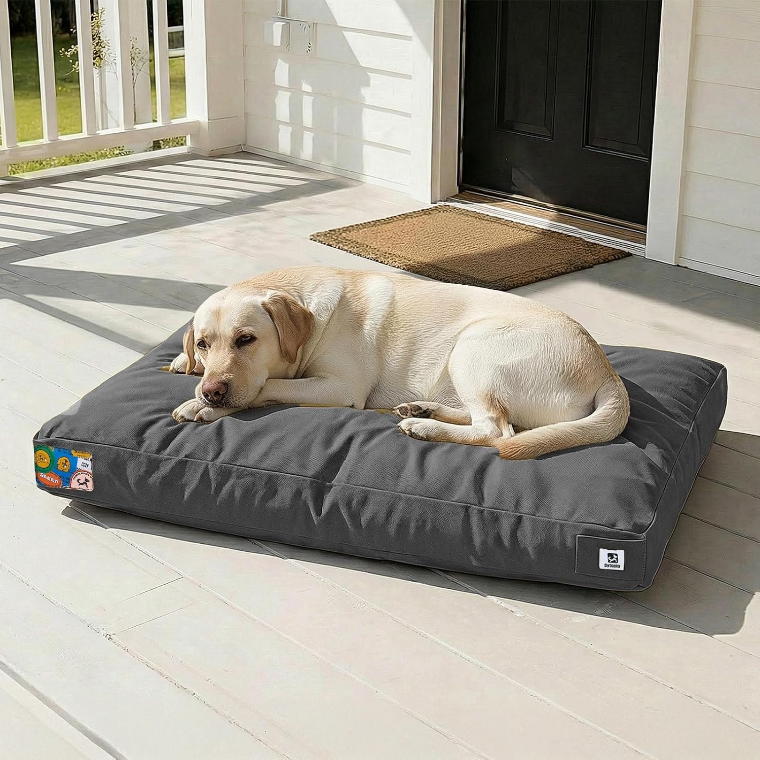 Sytopia 42 Inch Canvas Indestructible Outdoor Dog Bed for XL Dogs, Chew Proof Dog Bed with Waterproof Washable Removable Cover, Great Pet Gift Indoor Patio Pet Pad for Crate, Dark Grey