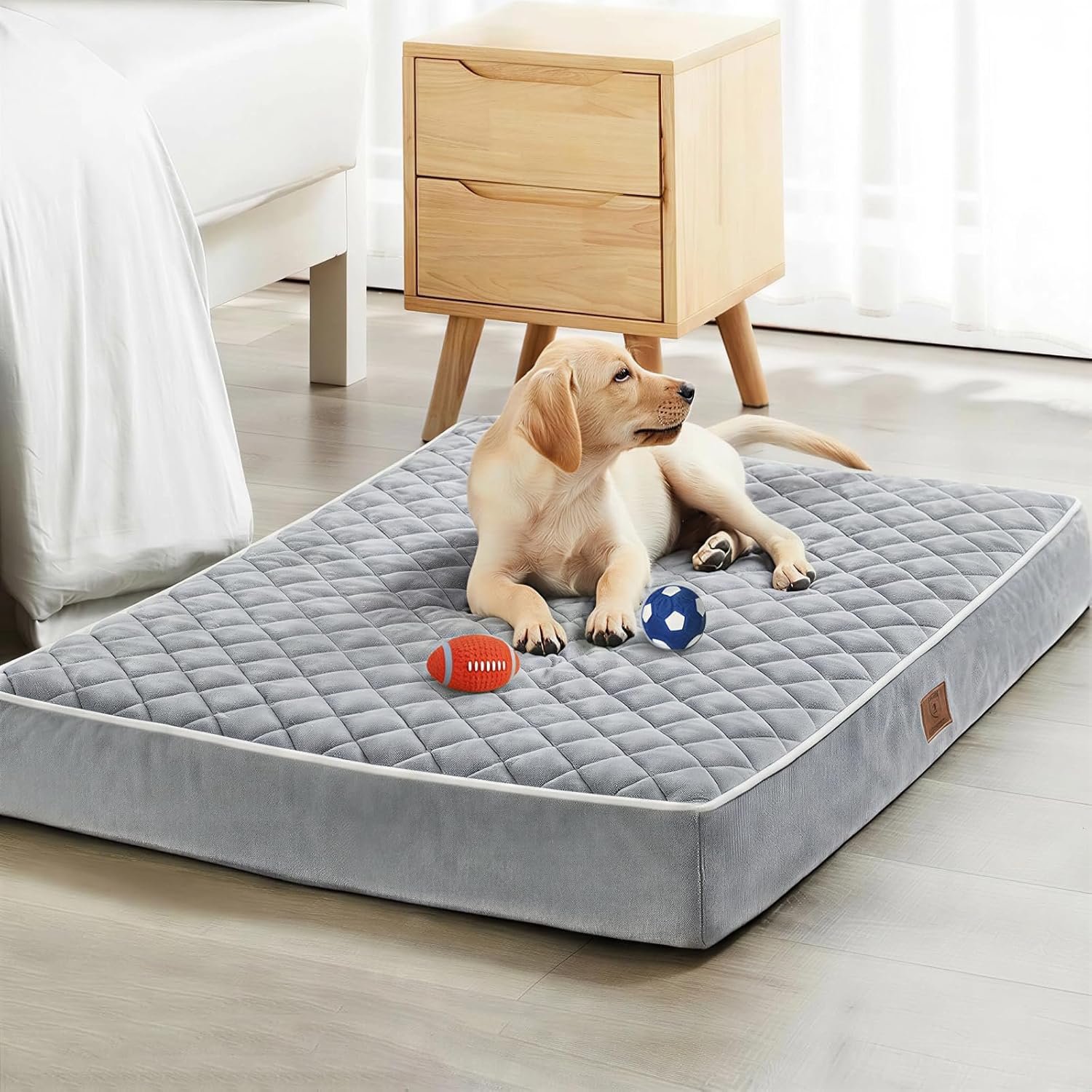 WNPETHOME Orthopedic XXL Dog Beds for Large Senior Dog Bed Comfy Sleeping | XXL Washable Waterproof Dogs Bed with Removable Cover, Multi-Needle Quilting Dogs Crate Bed for Relax , Light Grey 47×29 Inch