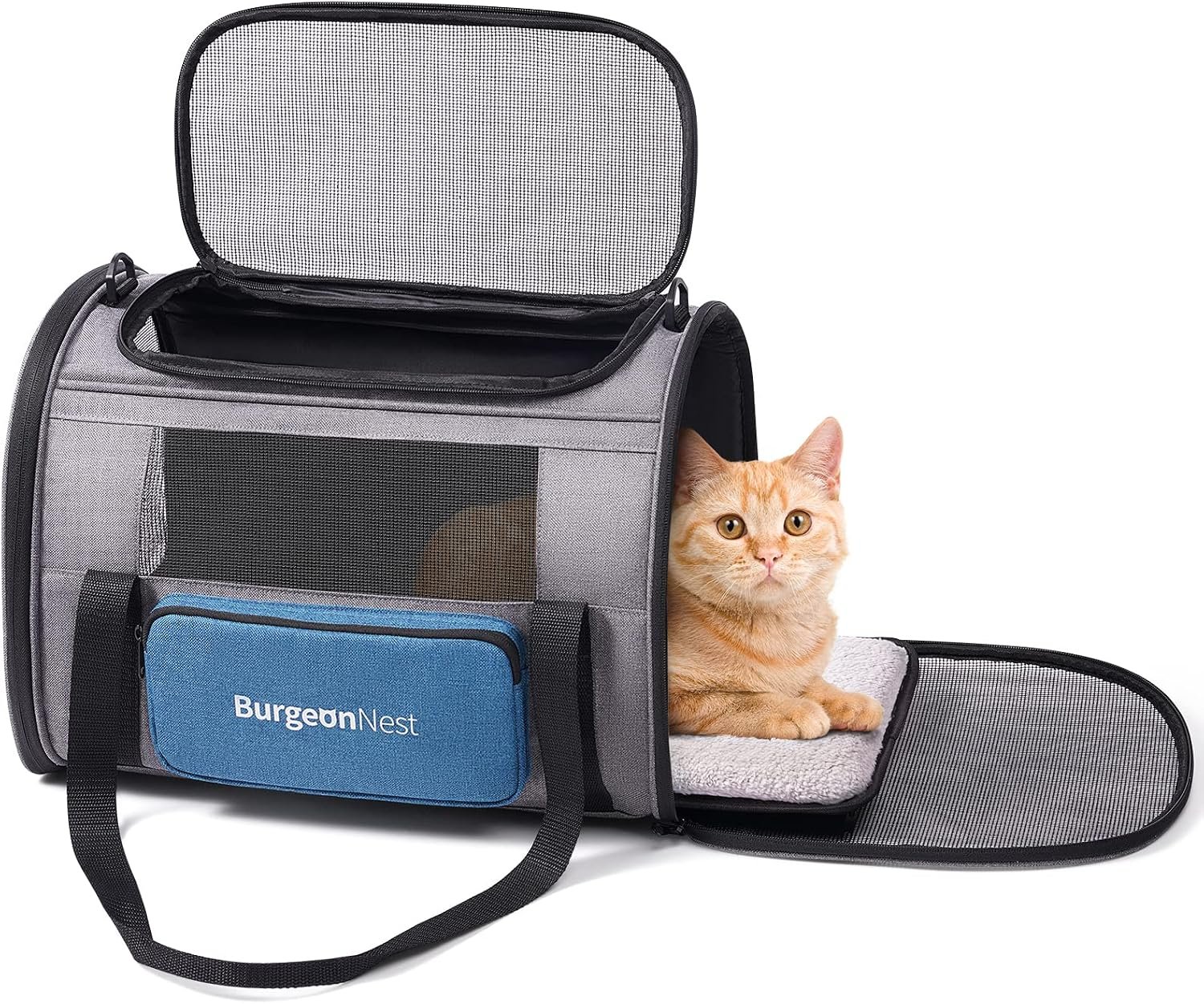 BurgeonNest Cat Carrier for Cats up to 20 Lbs, Soft-Sided Escape Proof | Top Load Pet Crate for Medium to Big Kitten Small Puppy Transport with Unique Side Bag, Home Outdoor Car Travel, Medium Blue