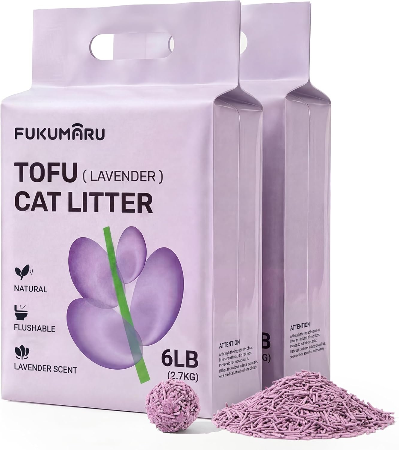 FUKUMARU Tofu Cat Litter, Lavender Scented, Clumping, Odor Control, 12 lb | Soybean Fiber Blend, No Lavender Essential Oil, Soft 2mm Pellets, Gentle Texture