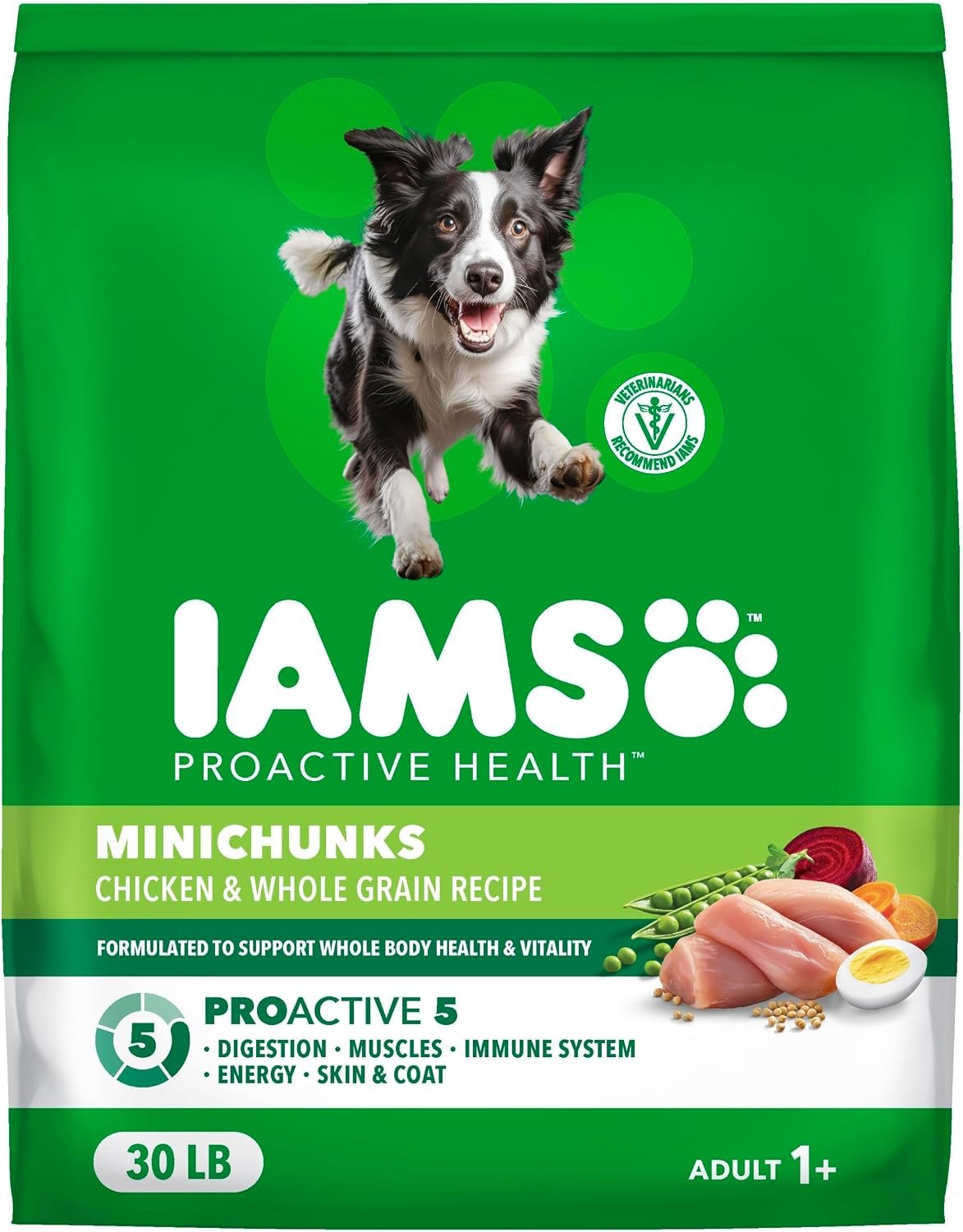 IAMS Proactive Health Adult Minichunks Dry Dog Food, Chicken, 30 lb | Real chicken #1 ingredient, no fillers, natural fiber & prebiotics, Omega-6 fatty acids, antioxidants for immune support