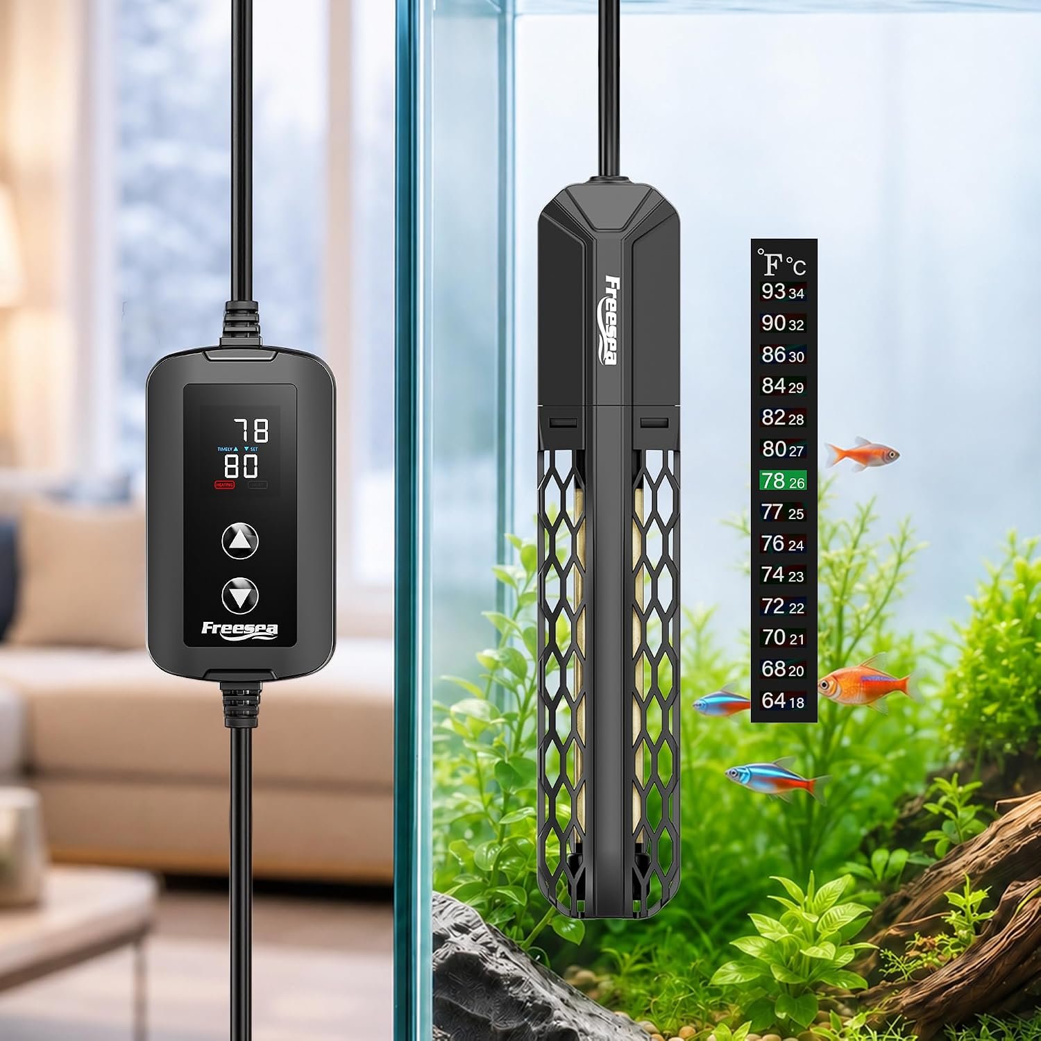 FREESEA Adjustable Aquarium Heater 20-50Gal: 200W 64-95°F Precise Control