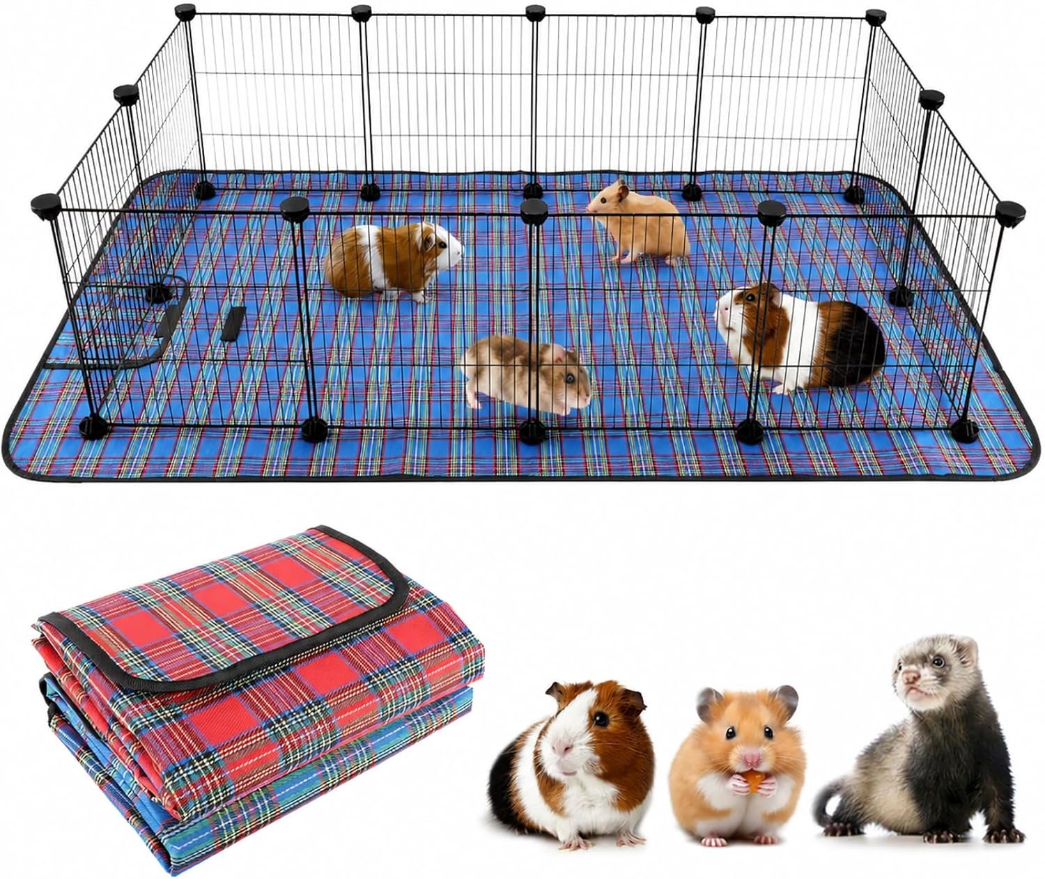 FHTONGE Large Guinea Pig Cage Habitat with 2 Waterproof Mats, 12xC&C Panels | DIY Expandable, 8Sq Ft Small Animal Playpen with Mat, Metal Fence with Bedding for Small Rodent Hamster Hedgehog Dwarf Rabbit