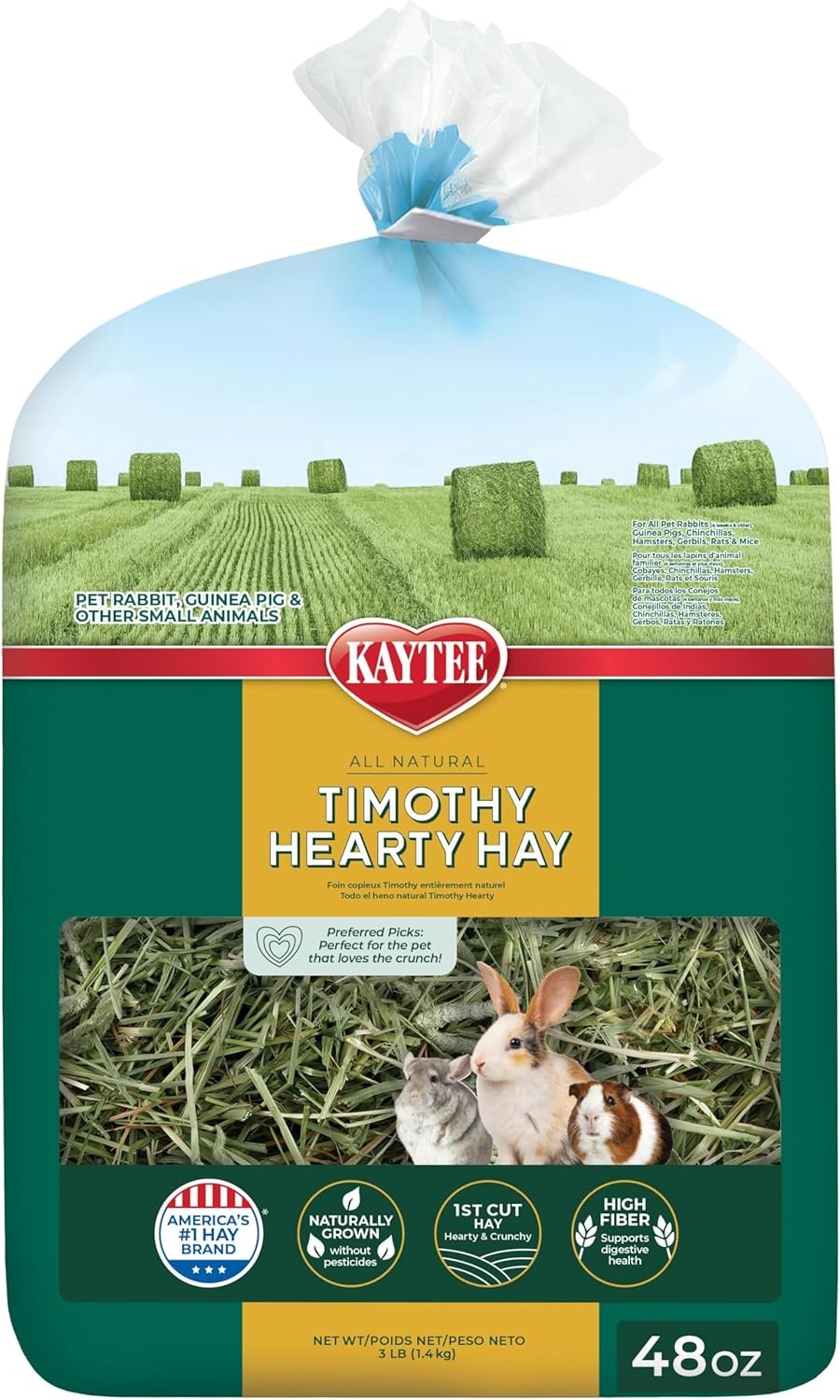 Kaytee Timothy Hearty Hay for Guinea Pigs & Rabbits, 48 Oz | Supports digestive health. First-cut timothy hay for rabbit. Crunchy rabbit hay, high fiber, without pesticides