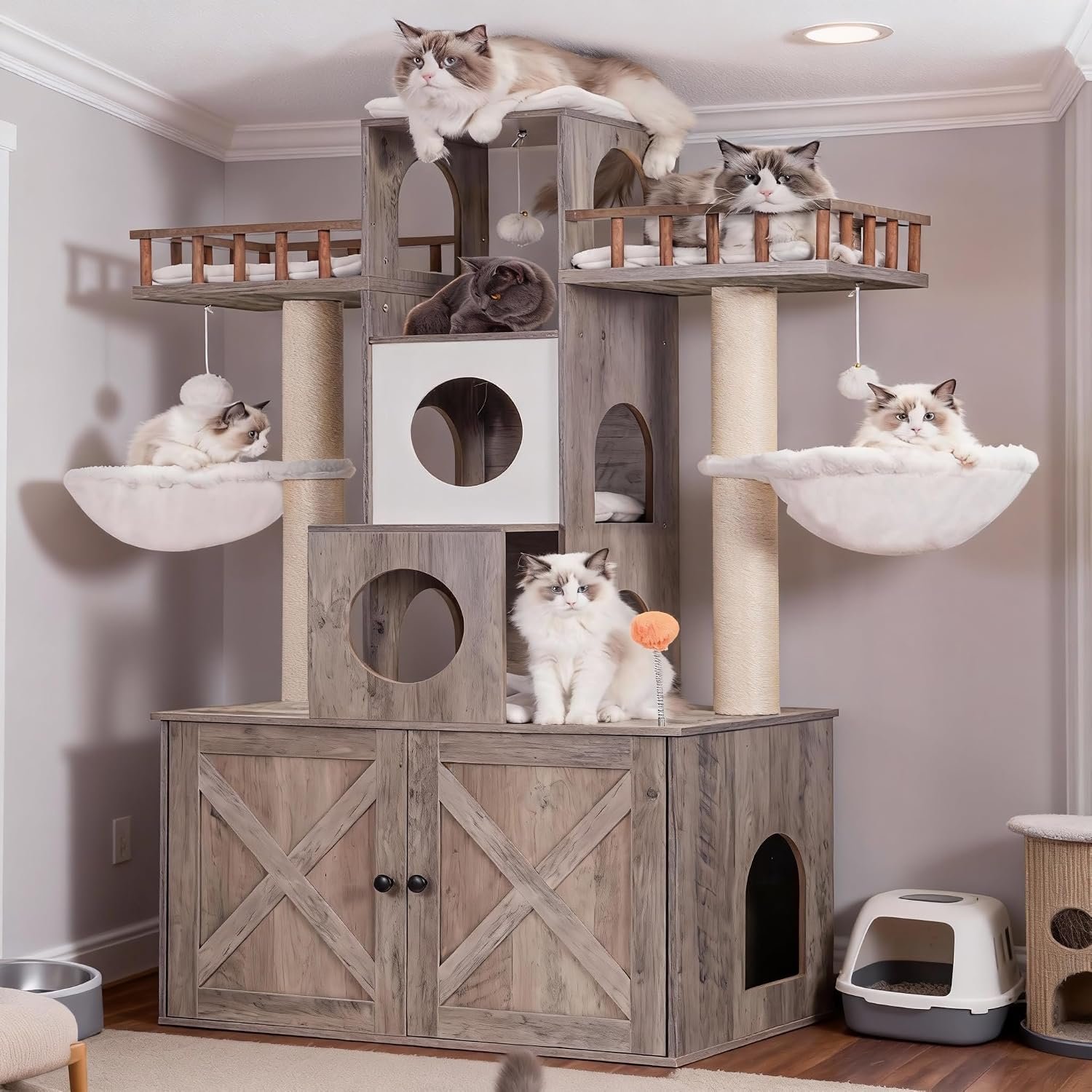Heybly Cat Tree with Litter Box Enclosure for Indoor Big Cat HCT110SG | Cat Tower for Large Cats 20 lbs Heavy Duty, Modern Cat Condo Furniture with Scratching Posts, Rustic Gray