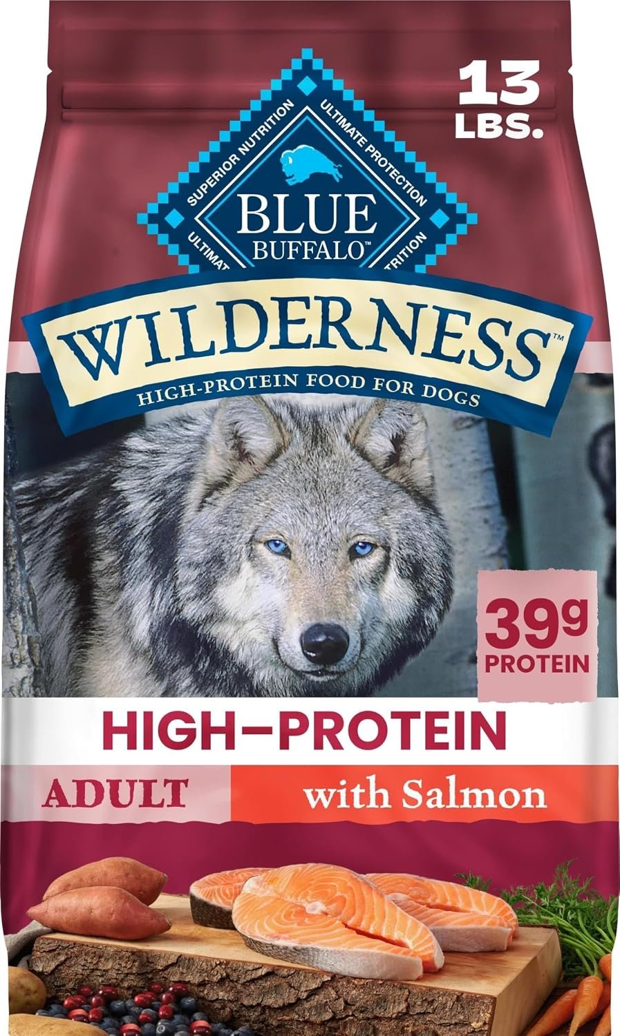 Blue Buffalo Wilderness Salmon & Wholesome Grains Adult Dry Dog Food, 13 lb | 39g Protein, Real Salmon #1 Ingredient, Antioxidant-Rich Fruits & Veggies, High Protein to Fuel Adventures