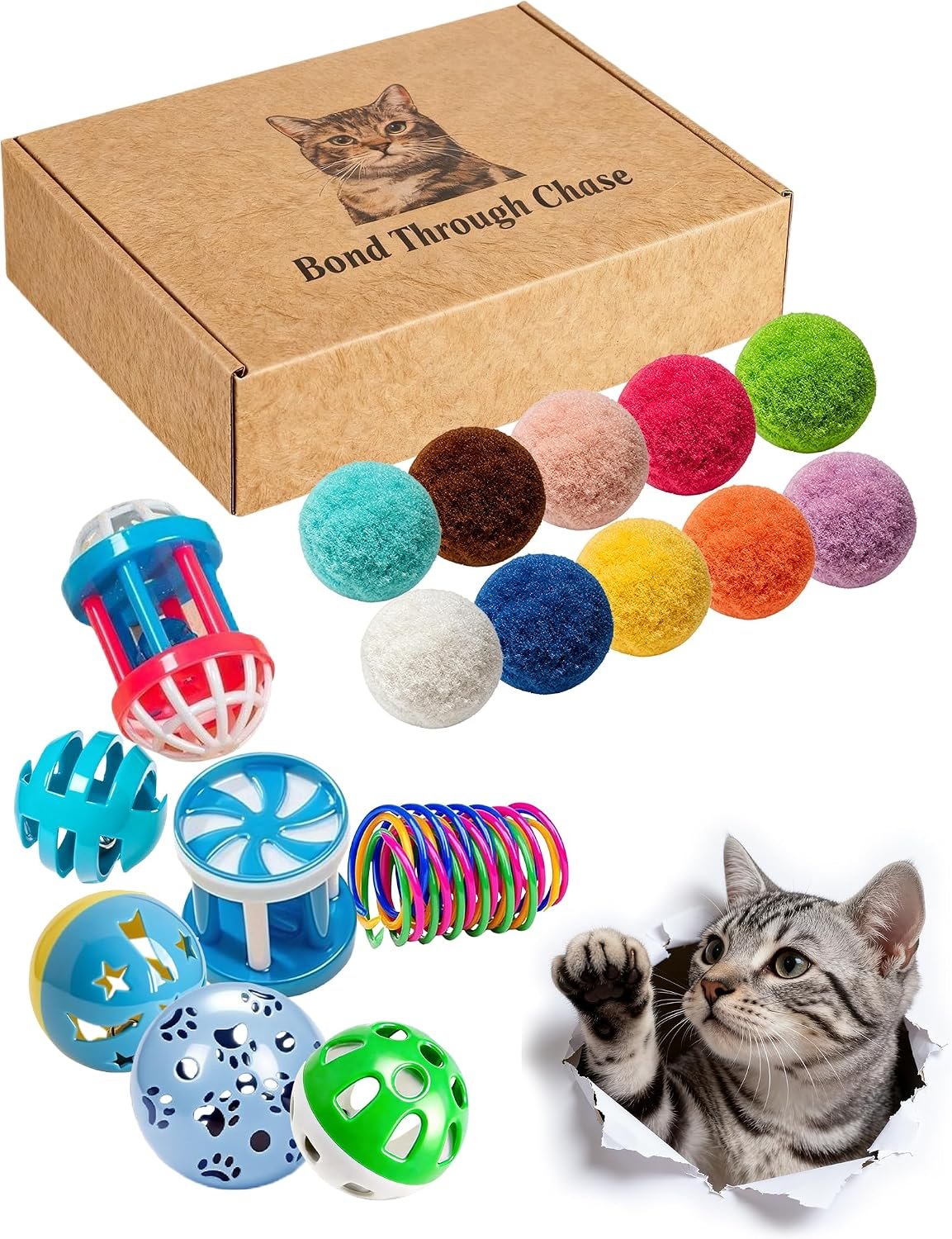 20 Pack Cat Interactive Toys Jingle Balls Plush Balls Spring Toys | Interactive Play, Non-Toxic, All Breed Sizes, 1.5 in – 2.2 in