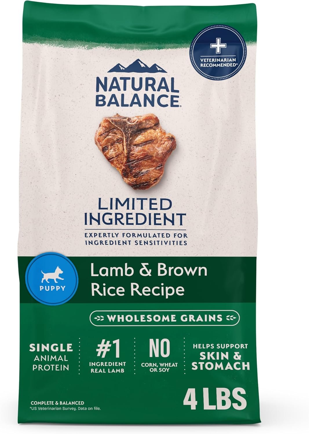 Natural Balance Limited Ingredient, Lamb & Brown Rice, 4 lb | Dry Dog Food with Wholesome Grains, Complete Nutrition for Puppies with Sensitivities, Skin and Stomach Support