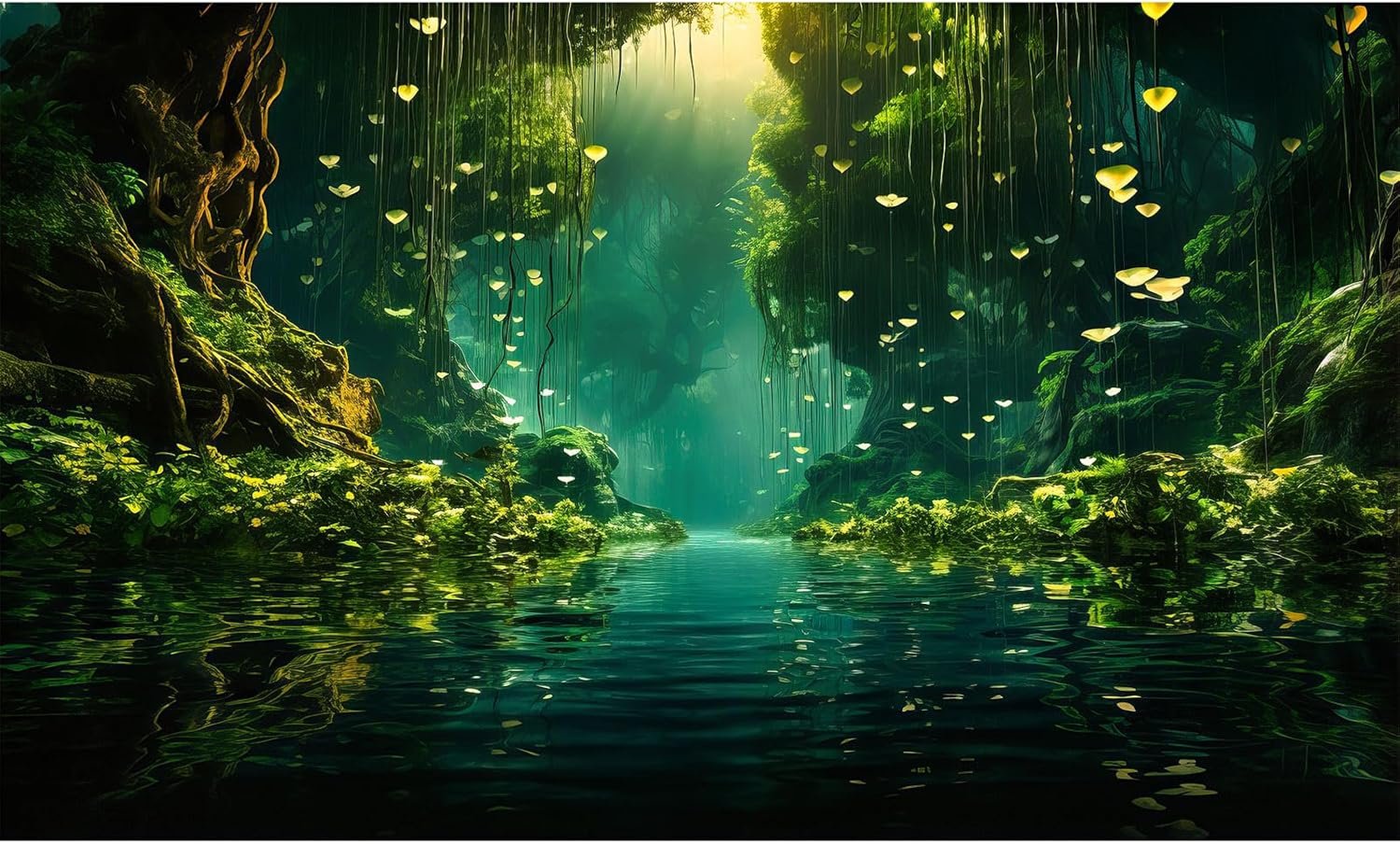 Jungles Aquarium Background Dense Rainforest Tranquil Lake Terrarium Background Foggy Sunbeams Forest Jungle Style Theme Fish Tank Backdrop Wallpaper Tank Poster Decorations Vinyl 30x12in