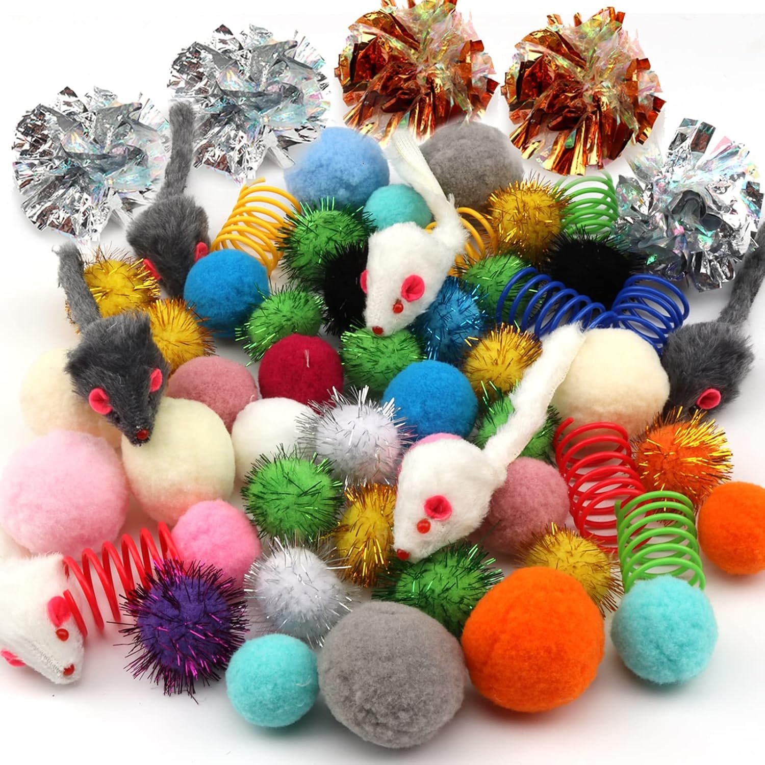 60 Pack Cat Toys – Assorted Kitten, Mouse, Crinkle & Pom Pom Balls