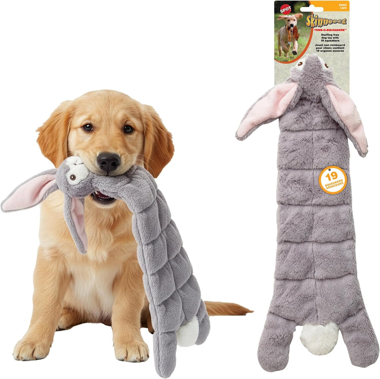 SPOT Skinneeez Tons-O-Squeakers Rabbit Dog Toy – with 19 Squeakers for Tons-O-Fun! Stuffing-Free, Great for Moderate Chewers, Tug Toy for Medium to Large Puppies & Dogs – 20in, Assorted Styles