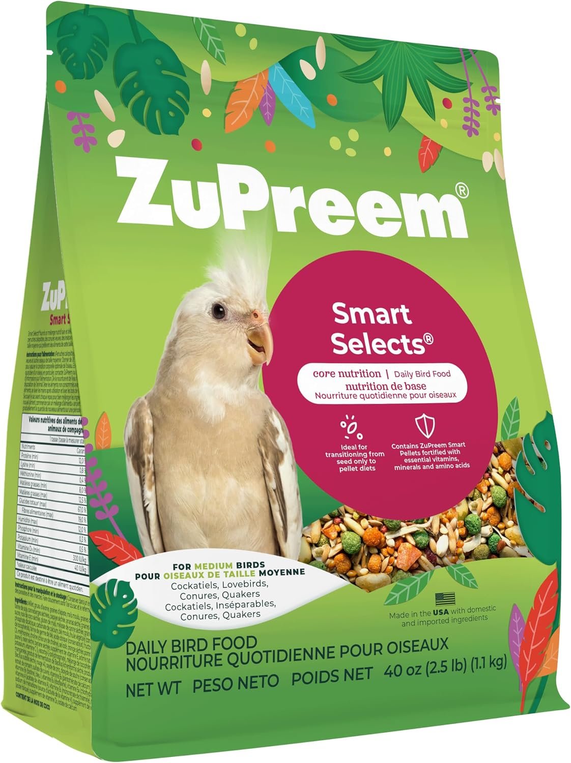 ZuPreem Smart Selects Cockatiel & Conure Food, Seed Blend, Medium, 2.5 lb | Bird Food, Cockatiel Food, Conures, Lovebirds, Love Bird Pellets, Quakers, Parrot, Pellet Mix, Seed Blend, Made in USA