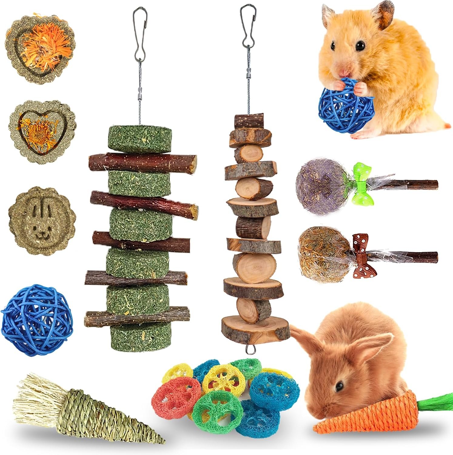 RUNANIA Rabbit Chew Toys for Teeth, Natural Wood Sticks Timothy Grass Chew Bunny Treat Toys for Rabbit Guinea Pig Hamster Chinchilla Gerbil