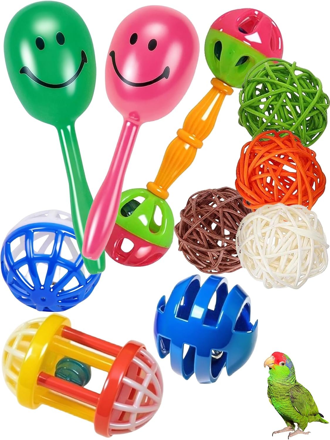 10-Pack Bird Toys for Parrots – Natural Rattan and Plastic Bell Balls | Safe, Fun Cage Decor, Foot Exercise, 1.5” – 5.5”