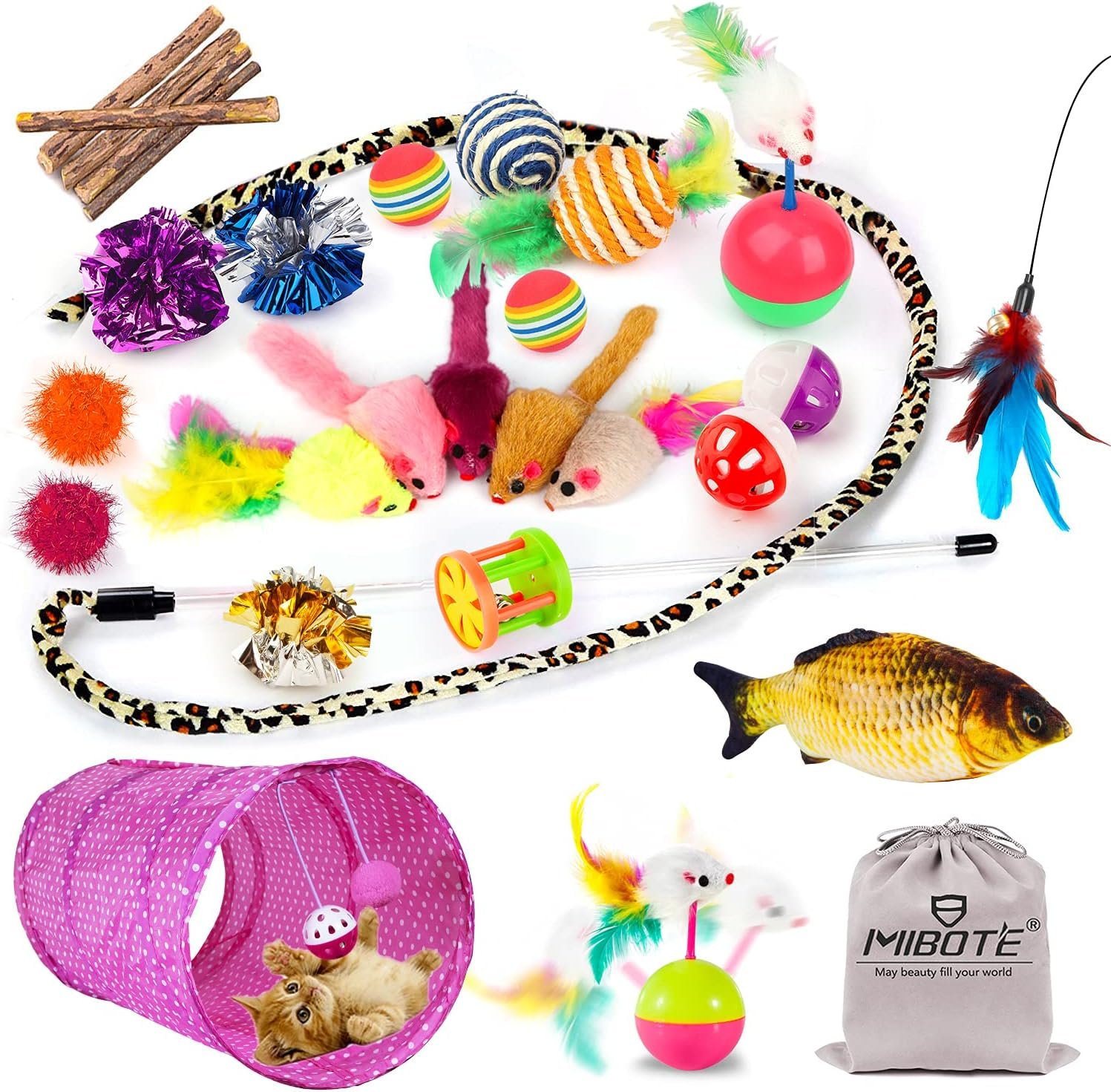 MIBOTE 28Pcs Cat Toys Set, Tunnel, Catnip Fish, Feather Wand, Balls | Interactive Kitten Toys with Teaser Wand, Mice, Bells & Fluffy Mouse – Fun Indoor Play for Cats & Puppies