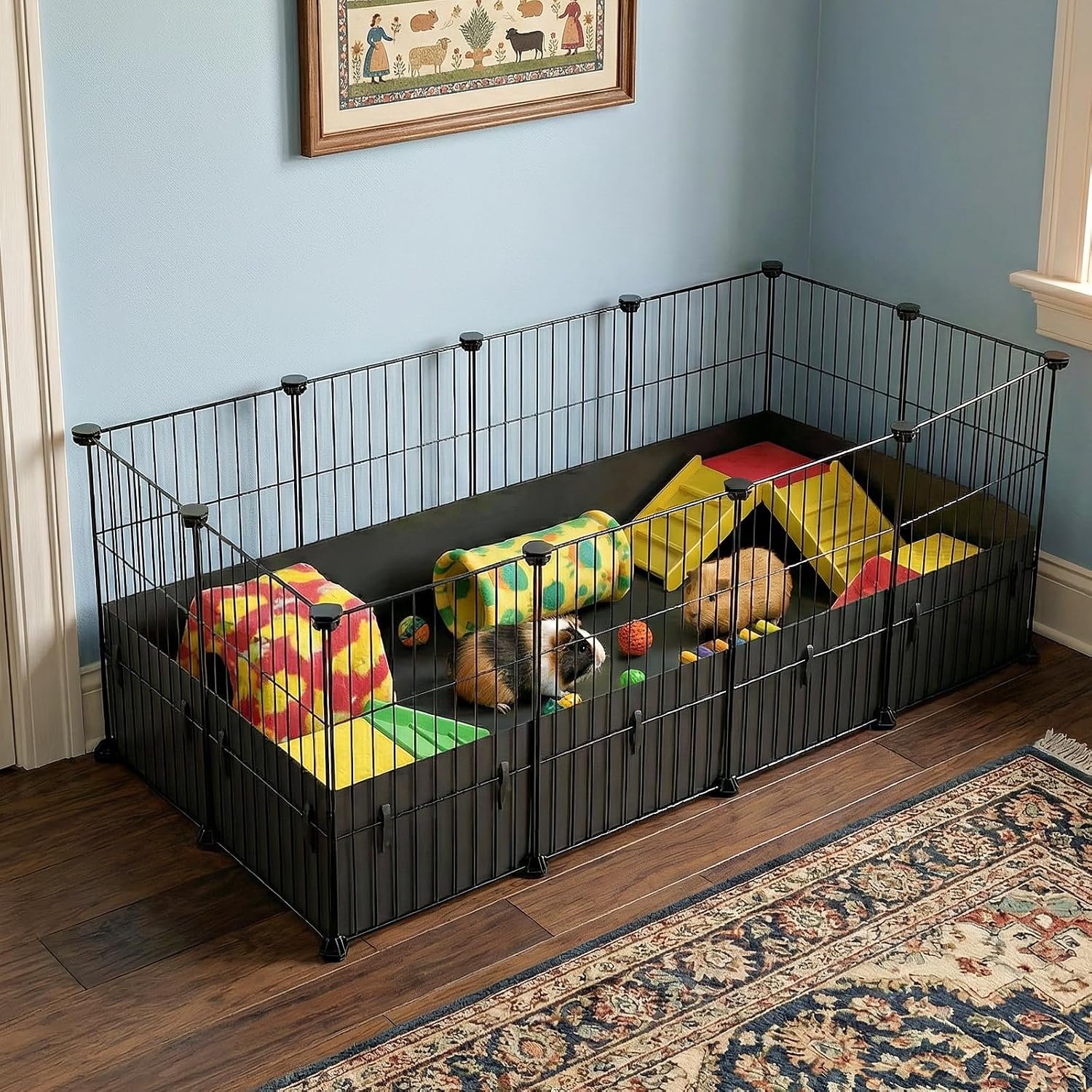 Oneluck Guinea Pig Cage, Small Animal Playpen with Rasied Waterproof Liner, 8 Square Feet for 2 Pets, Expandable Indoor Habitat, C&C Cage for Bunny, Turtle,Hedgehog,48”L x 24”W x 16”H