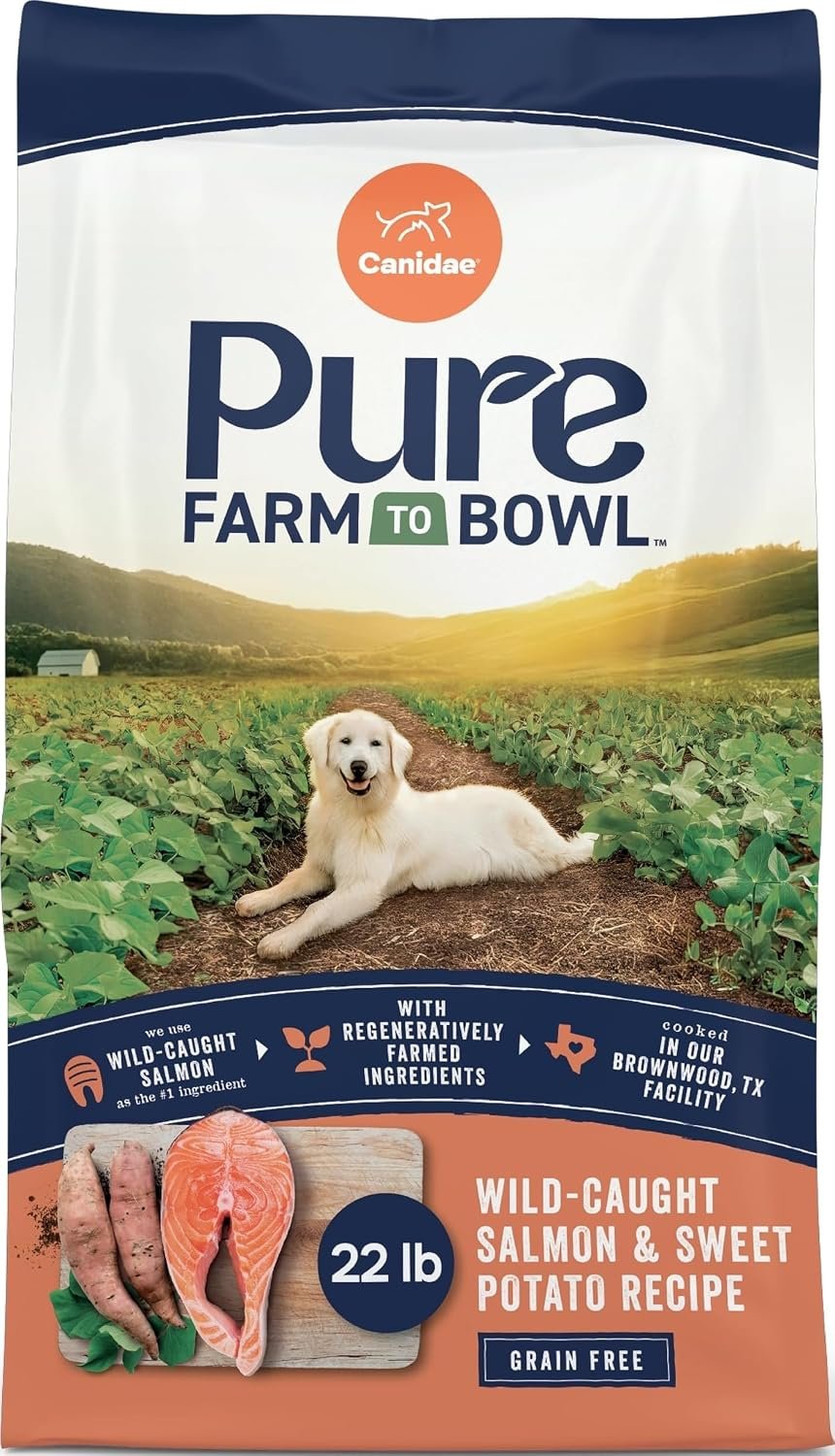 CANIDAE Pure Farm to Bowl, Wild-Caught Salmon & Sweet Potato, 22 lb | Adult Dry Dog Food with Balanced Nutrition, Protein Rich, Limited-Ingredient Formula, Free from Grain, Wheat, and Soy