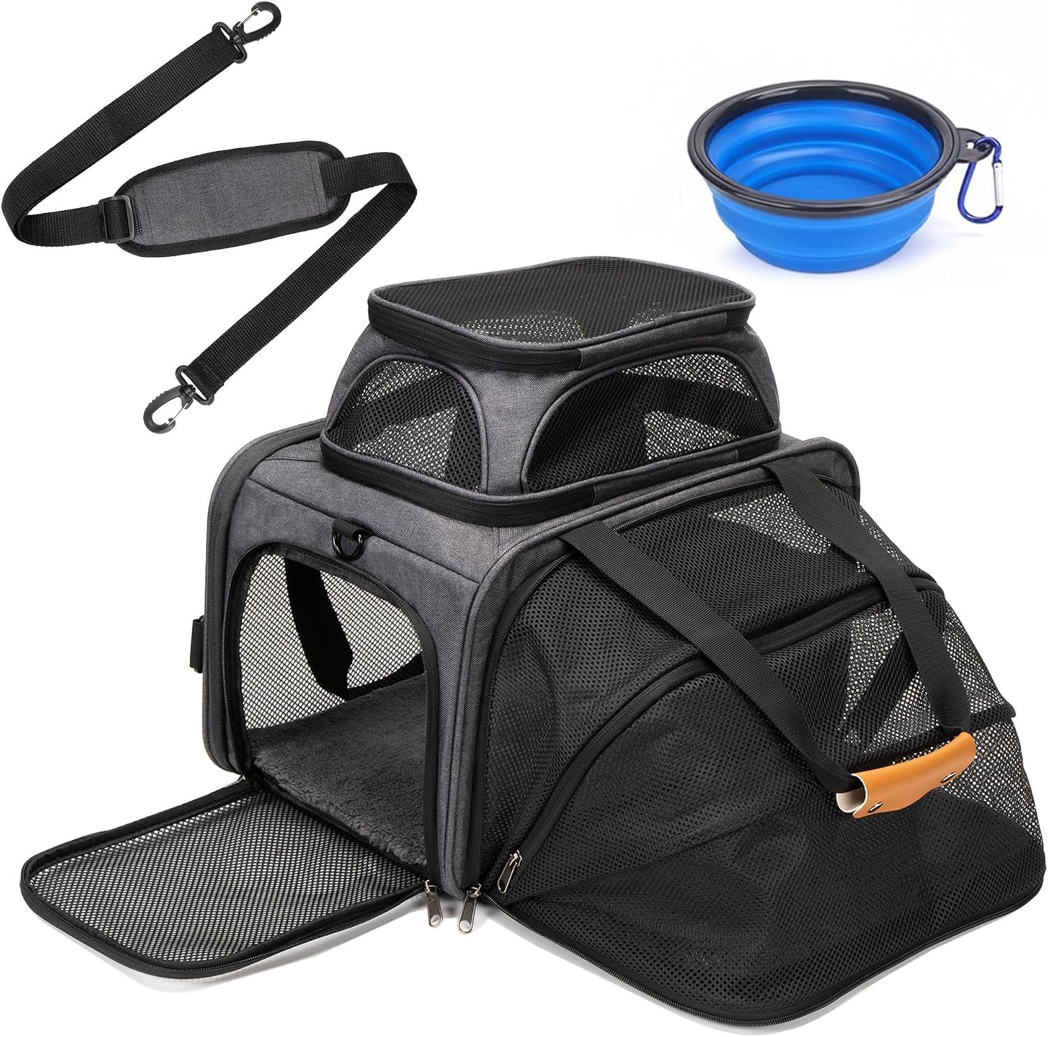 Expandable Pet Carrier Bag – Airline-Approved, Breathable Mesh, Secure Zippers, Padded Handle & Multi-Pockets (Light Grey)