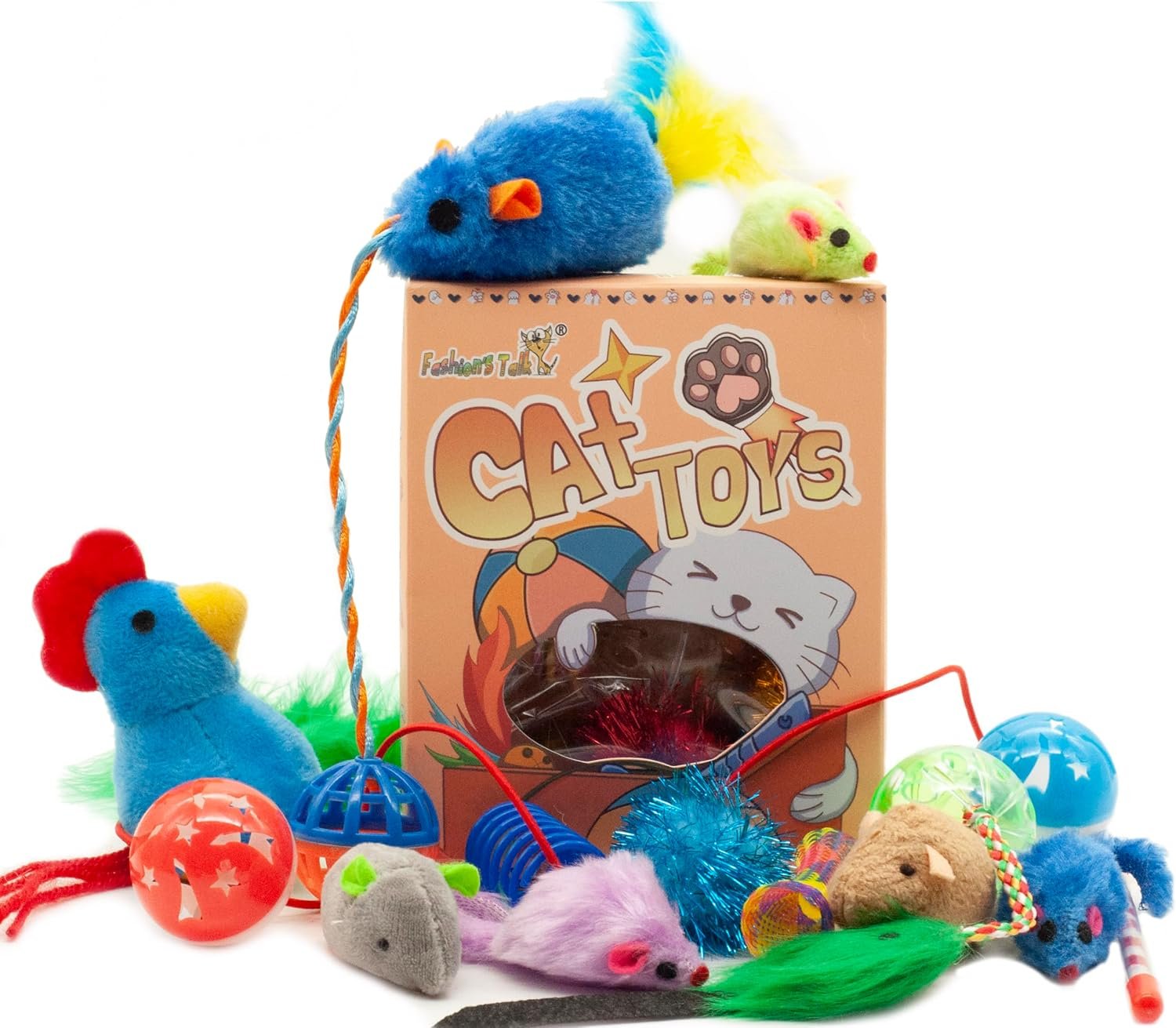 Fashion’s Talk Cat Toys, Kitty Variety Pack for Kitten Cats, 20 Count Plush, Teaser & Ball Catnip Mice Cat Spring