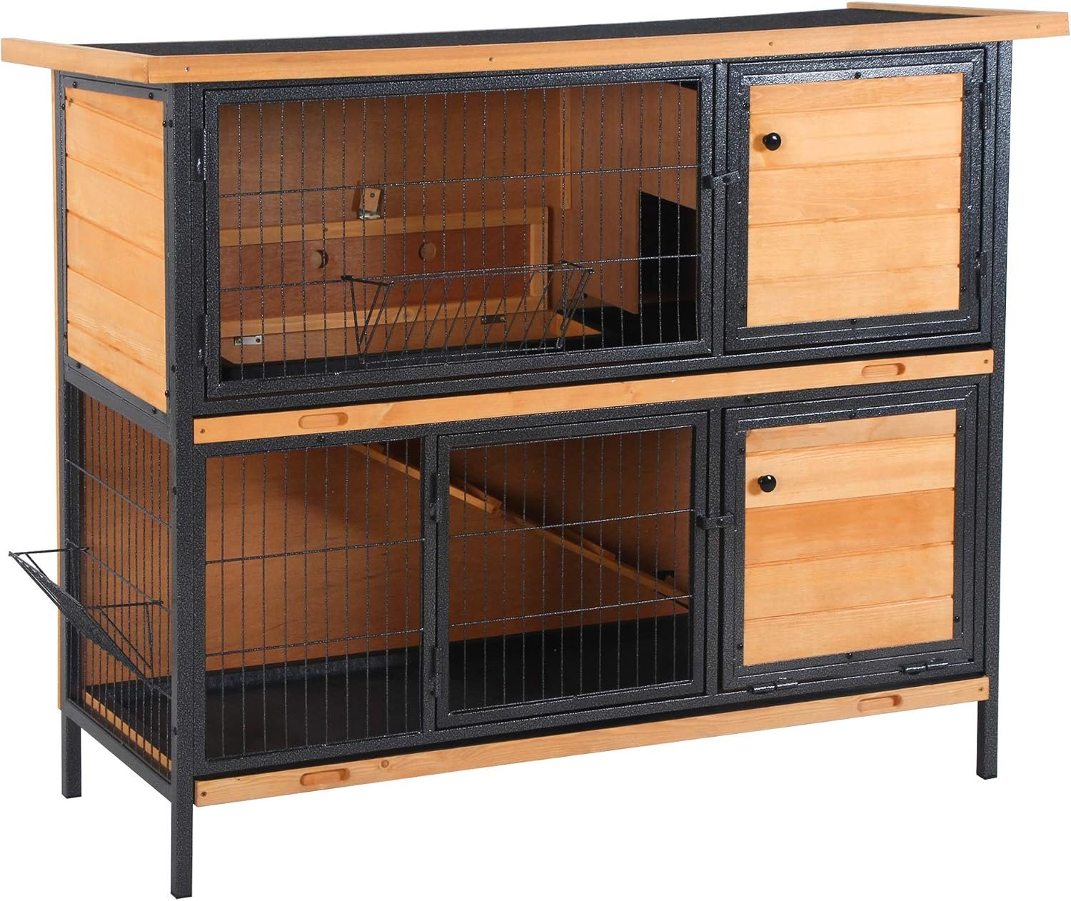 PawHut 48″ 2-Story Large Rabbit Hutch with Metal Frame, Ramp for Rabbits | Bunny Cage, Wooden Pet House, Rooms, No Leak Tray, Feeding Trough, Waterproof Asphalt Roof, Chickens, Ducks, Outdoor/Indoor