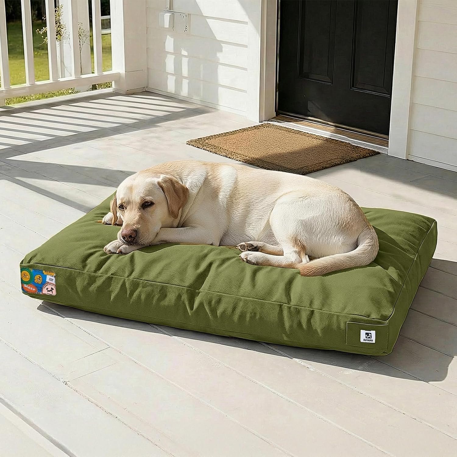 Sytopia 42 Inch Durable Indestructible Dog Bed for Extra Large Dogs, Outdoor Canvas Chew Proof Pet Crate Mat with Waterproof Washable Removable Cover, Indoor Patio Pet Pad for Crate, Green