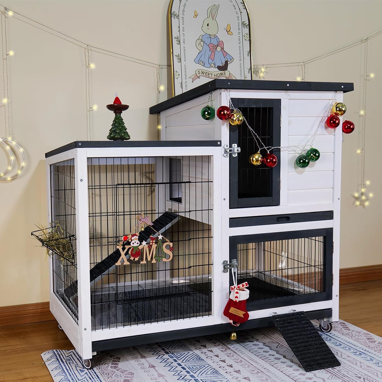 Indoor Rabbit Hutch Outdoor Bunny Hutch with Urine Guards & Tray, White