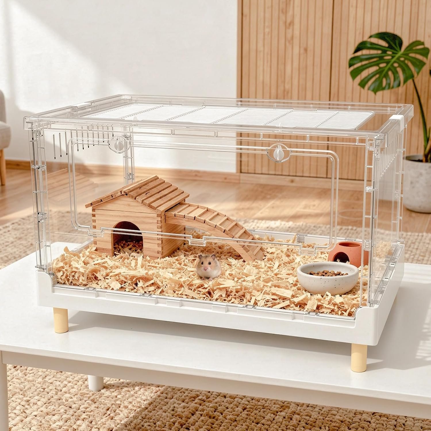 Hamster Cage15.4 High Panoramic Clear Syrian Playhouse | 470 Sq In cozy retreat floor, 6.5″ deep burrowing tray, 2.8″ elevated thermal legs, 5-min foldable assembly