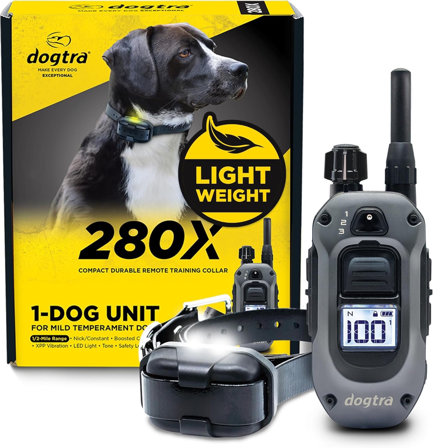 Dogtra 280X E-Collar with Remote [New Edition] 10 lbs+, 1/2 Mile Range, LED Light, 100 Levels of Precise Control for Stubborn Dogs, Waterproof, Boost for Quick Recall, Vibration, Safety Lock & Tone