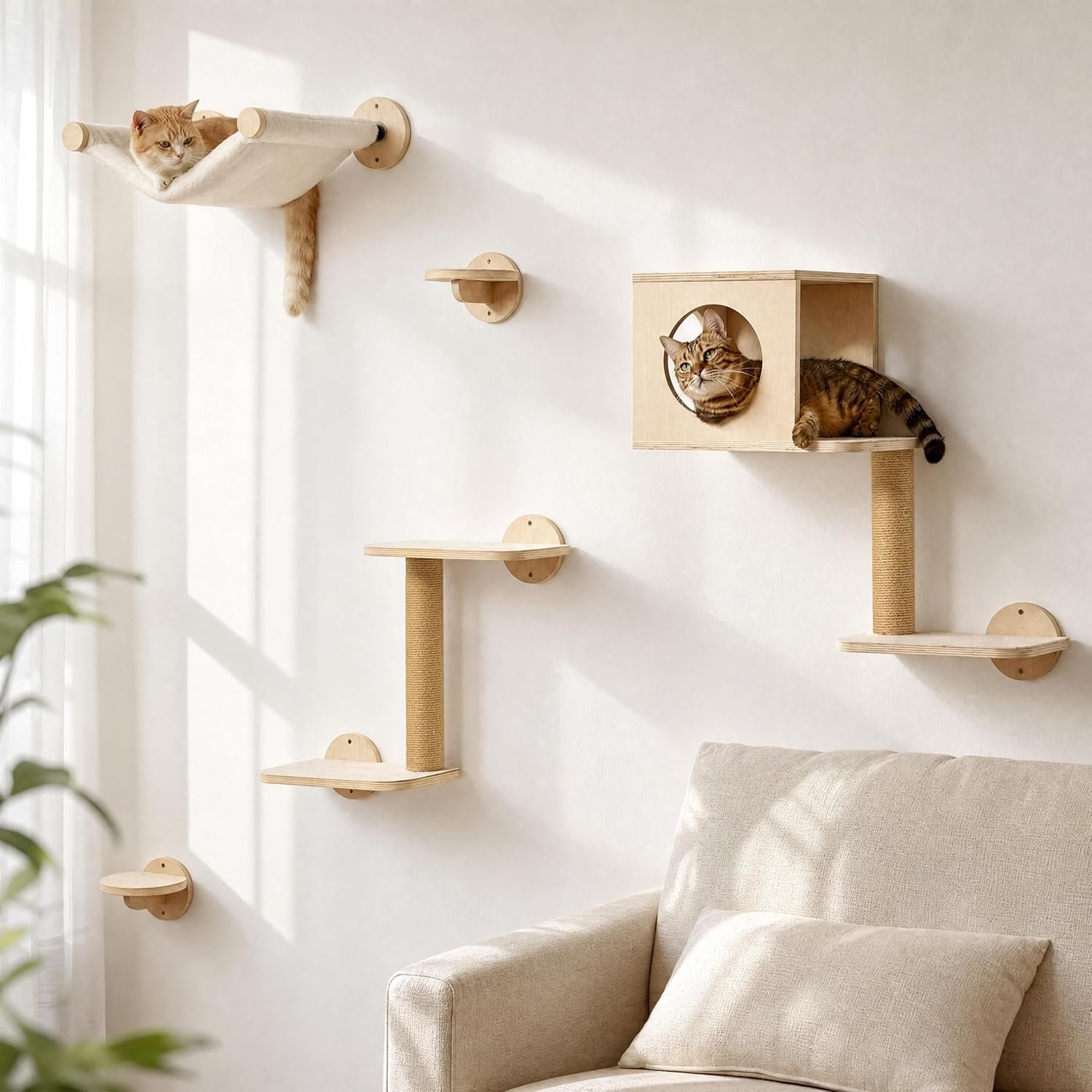 FUKUMARU Cat Wall Shelves, 5 in 1 Set, Beige | Stable Wooden Wall-Mounted Furniture Set, Kitty Climber with Hammock, House, Steps, Scratching Post