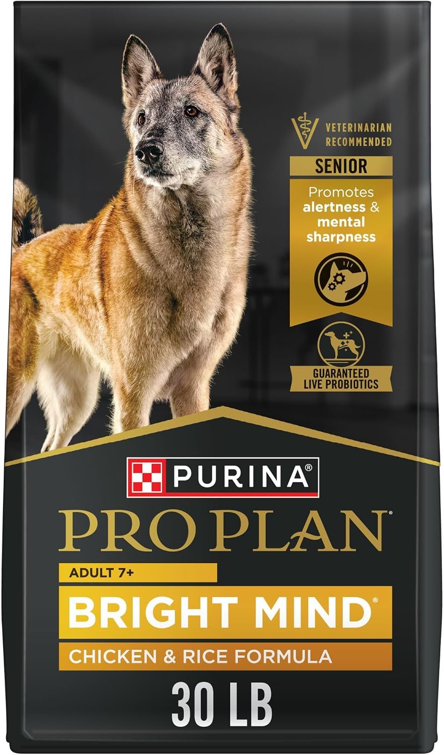 Purina Pro Plan Bright Mind Senior Dog Food, Chicken & Rice, 30 lb Bag | Adult 7+ dog food with probiotics, enhanced botanical oils promote alertness, omega-3 and glucosamine for joint mobility