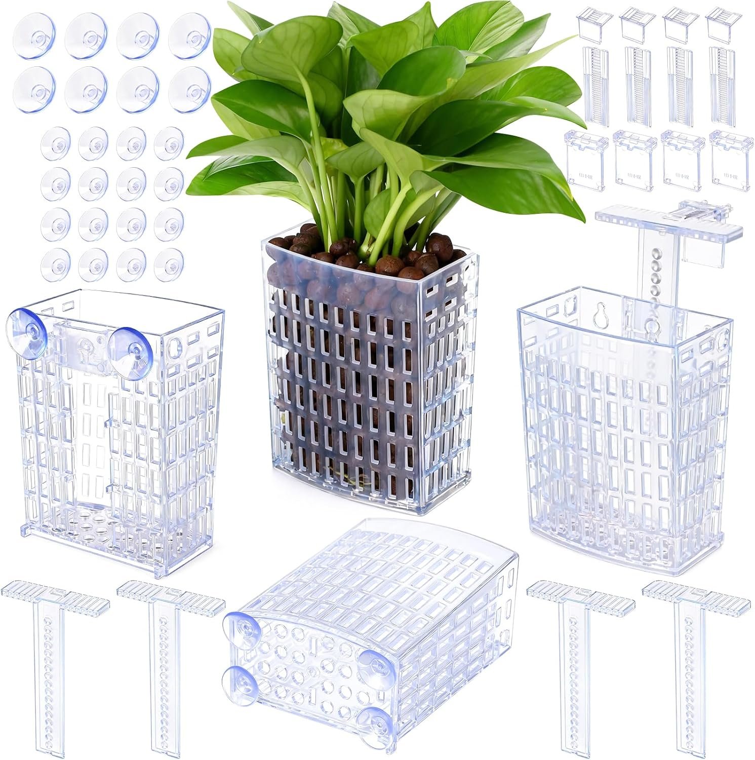 2026 Latest Upgraded Aquarium Plant Holder Adjustable Height with Extendable Hook and Suction Cup for Fish Tank Aquaponic Plant Cultivation and Aquascape Accessories Decorations (4 Pack) Transparent