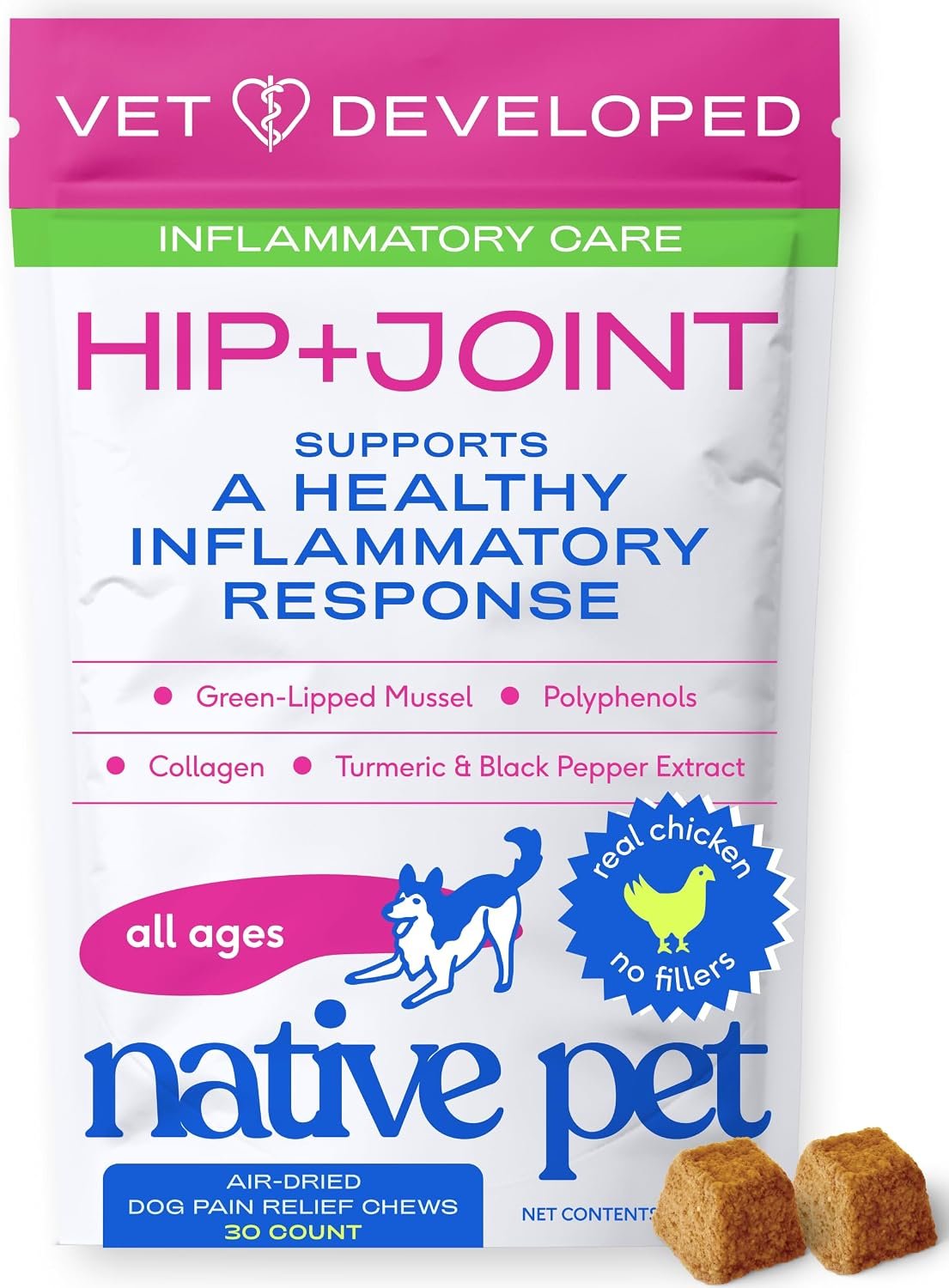 Native Pet Inflammatory Care – Pain Relief for Dogs – Green-Lipped Mussel, Turmeric & Collagen for Dogs – Hip and Joint Supplement Supports Healthy Inflammatory Response & Joint Comfort – 30 Chews