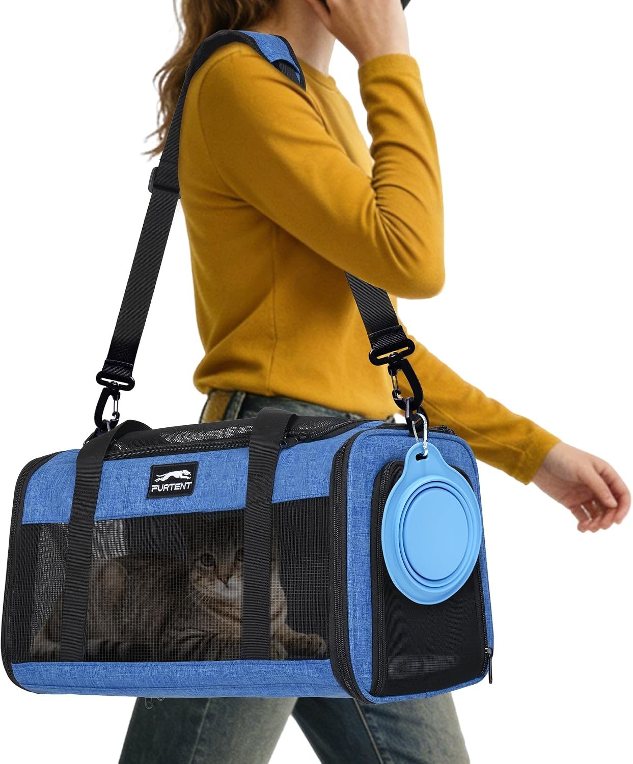 Pet Carrier Airline Approved, Soft Sided Cat Carrier for Small Pets up to 13 lbs, TSA Approved Dog Travel Bag, Portable Soft Sided Pet Carrier for Kittens and Puppies (Blue, Folding Bowl)