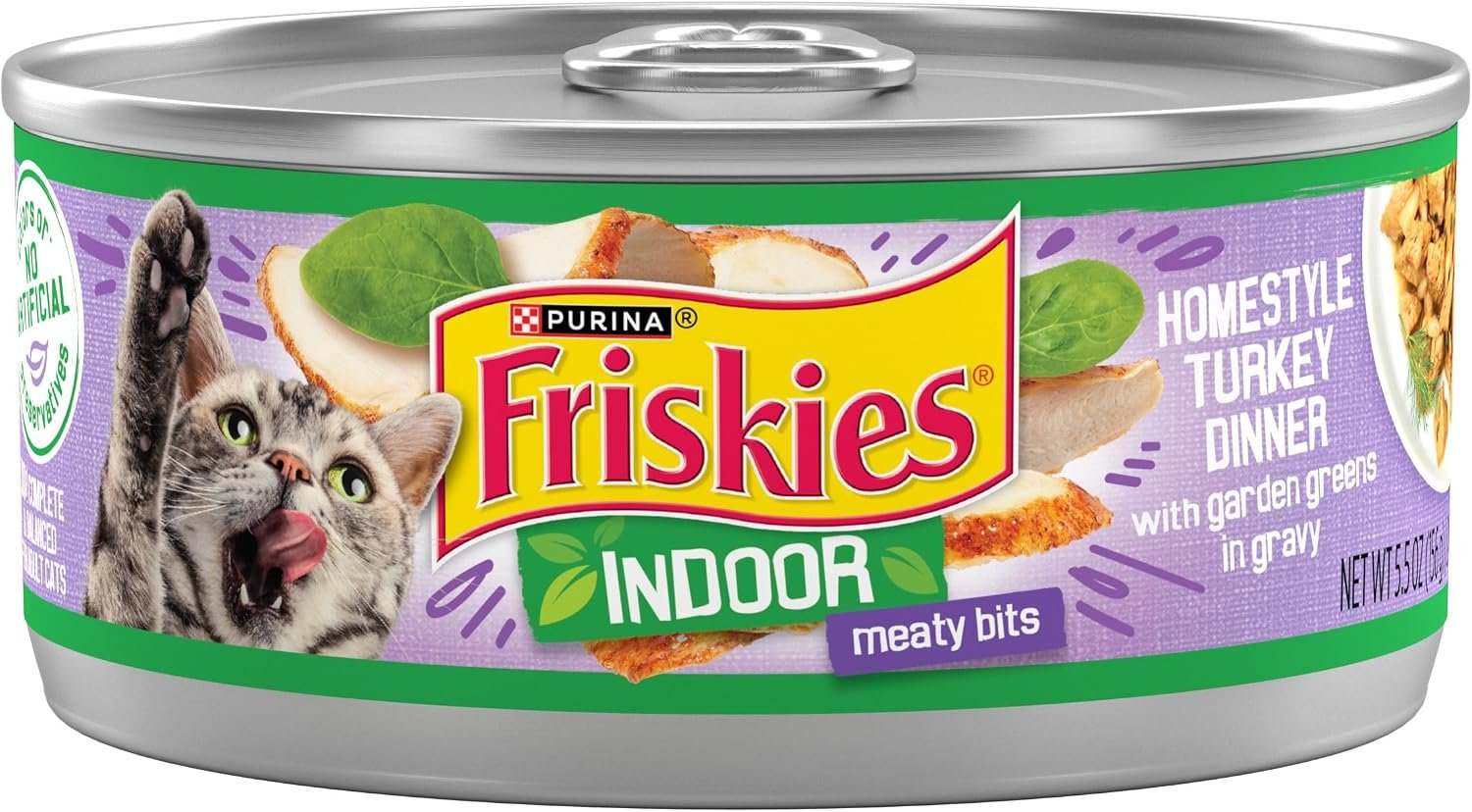 Purina Friskies Indoor Cat Food Meaty Bits Homestyle Turkey Dinner With Garden Greens in Gravy – (Pack of 24) 5.5 oz. Cans