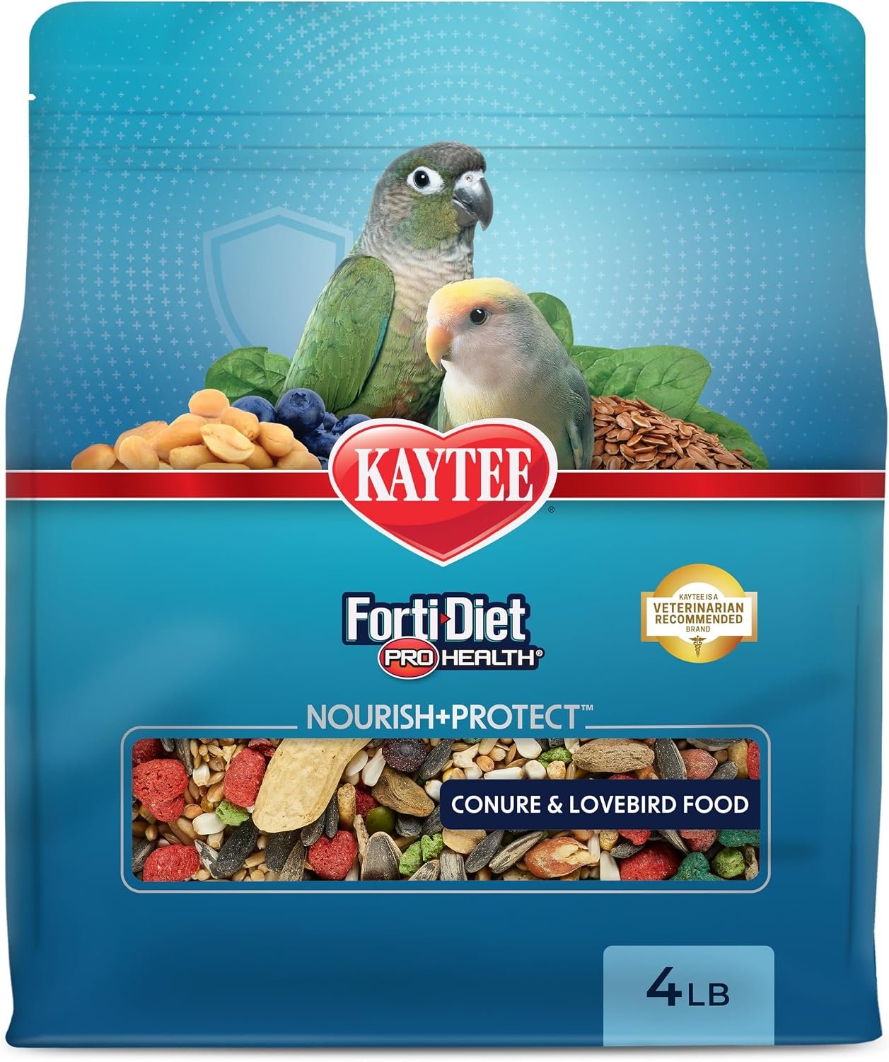 Kaytee Forti-Diet Pro Health Nourish+Protect Conure & Lovebird Food, 4 lb | Balanced digestion. Conure food with prebiotics and probiotics. Parrot food, antioxidants, omega-3s